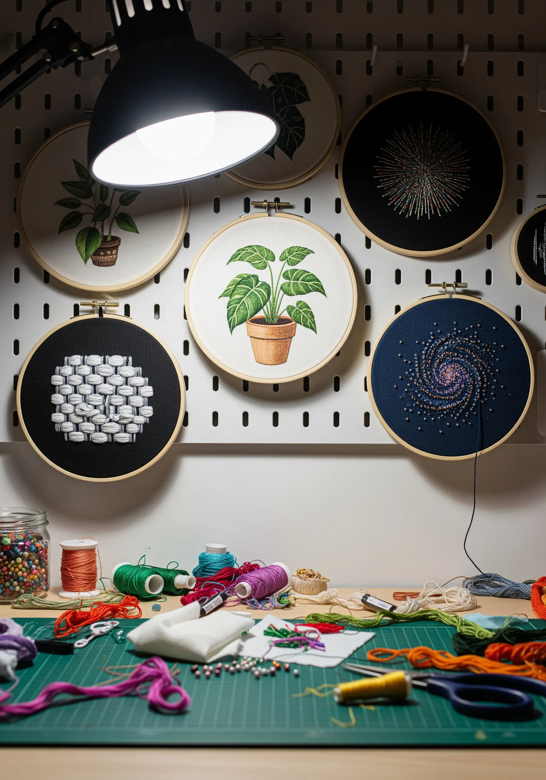 A collection of embroidery hoops on a pegboard, featuring beads, woven textures, and botanical designs.