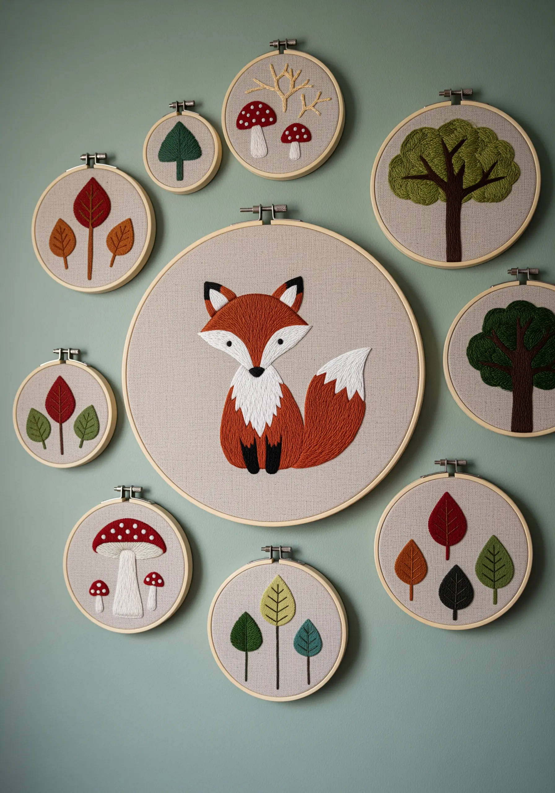 A gallery wall of embroidery hoops with a central fox surrounded by smaller hoops of trees and mushrooms.