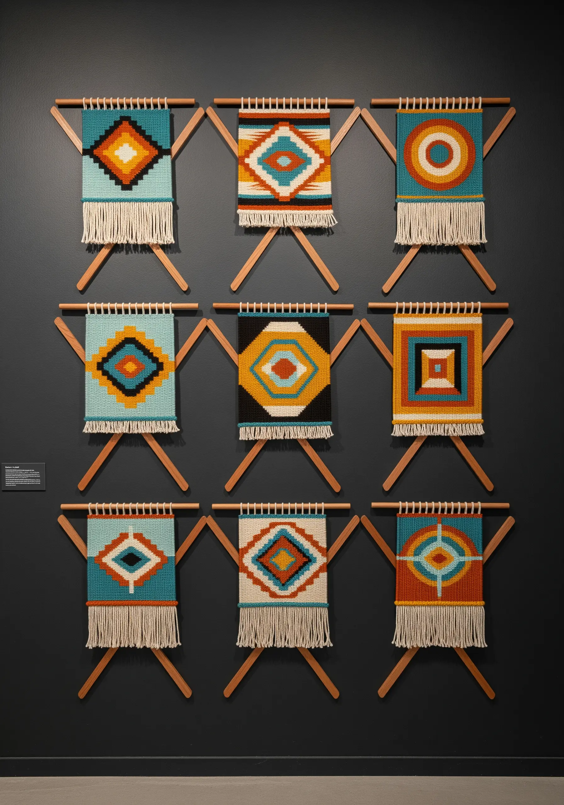A gallery wall of nine small, colorful geometric weavings mounted on wooden hangers.