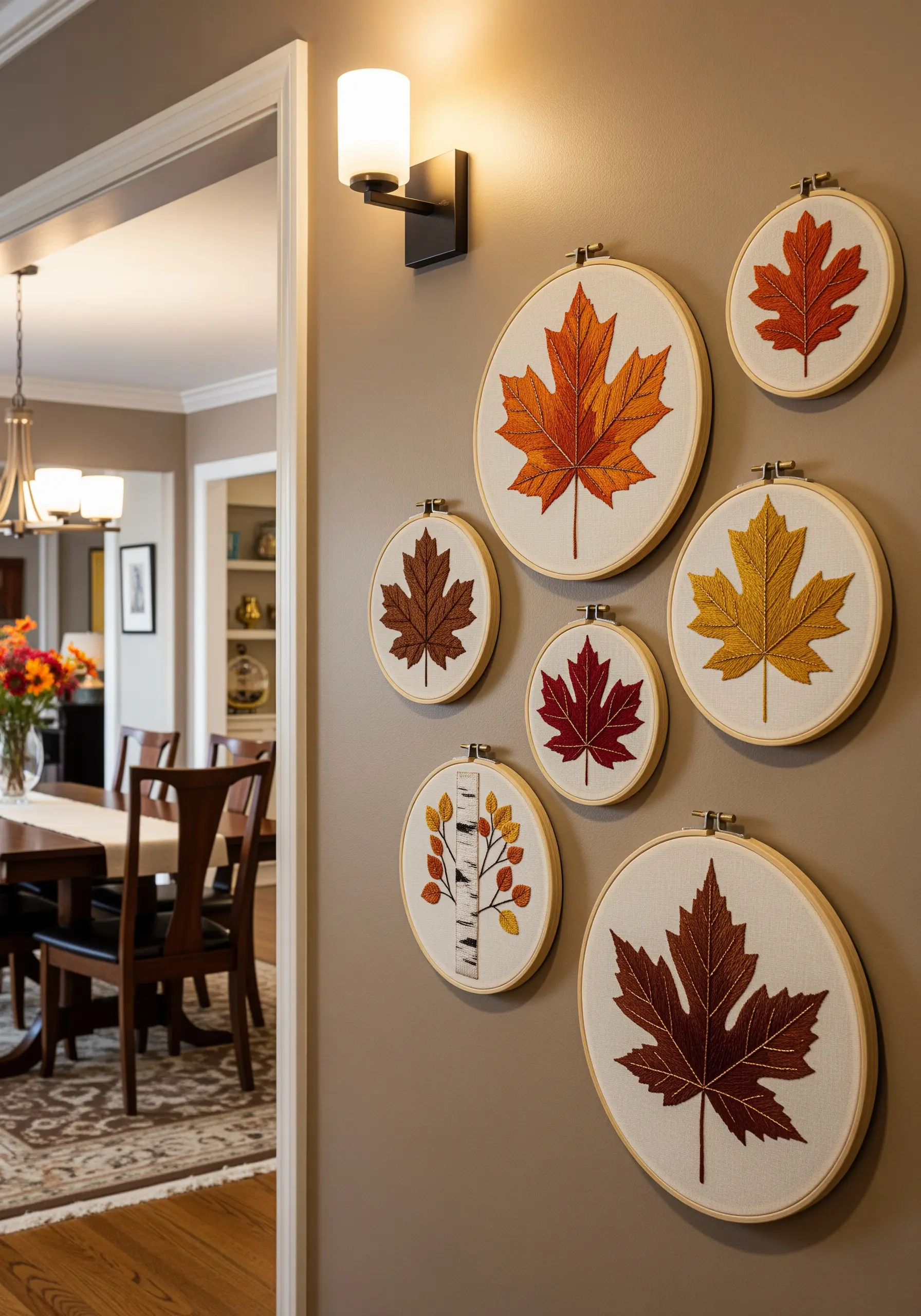 A wall display of several embroidery hoops featuring different autumn-colored leaves.
