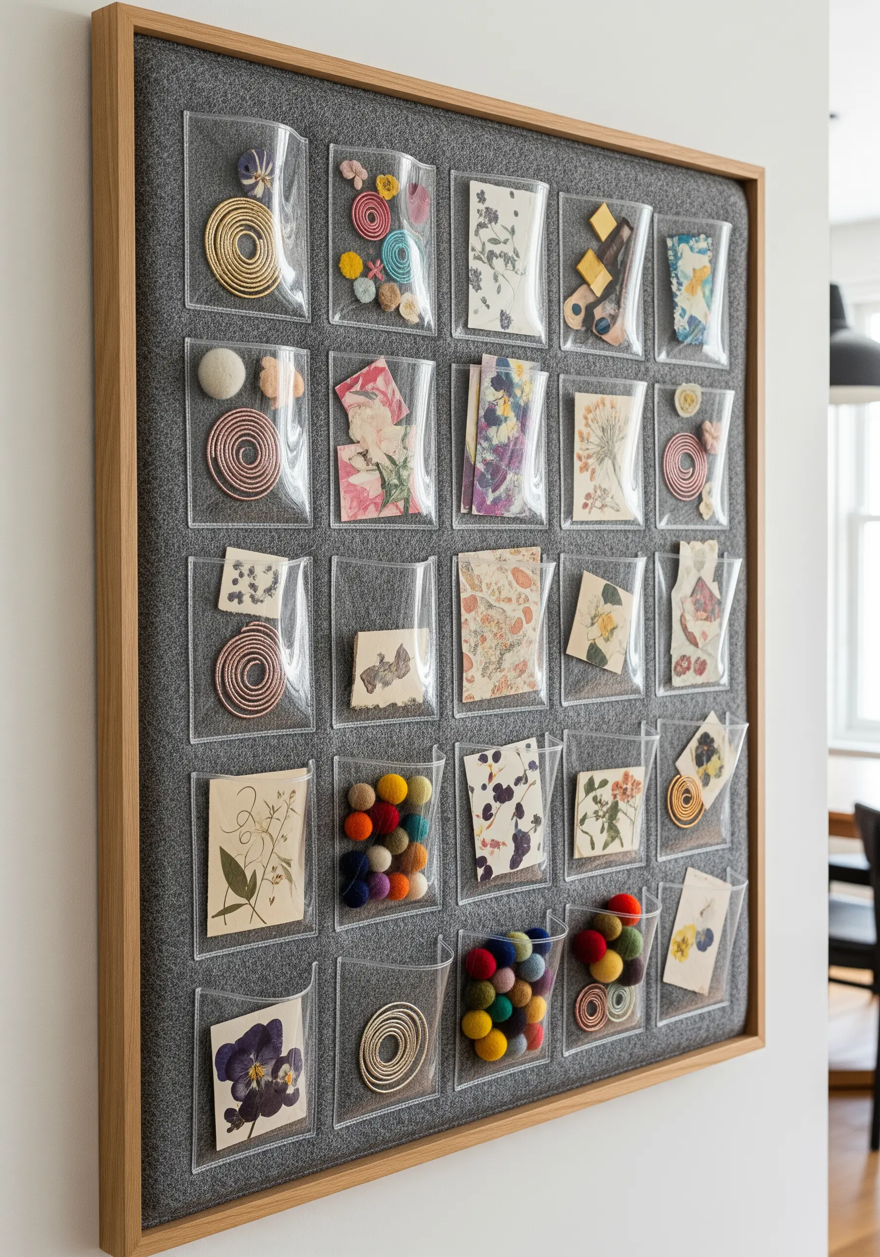 A framed grey felt board with a grid of clear pockets holding tiny textile art and craft supplies.