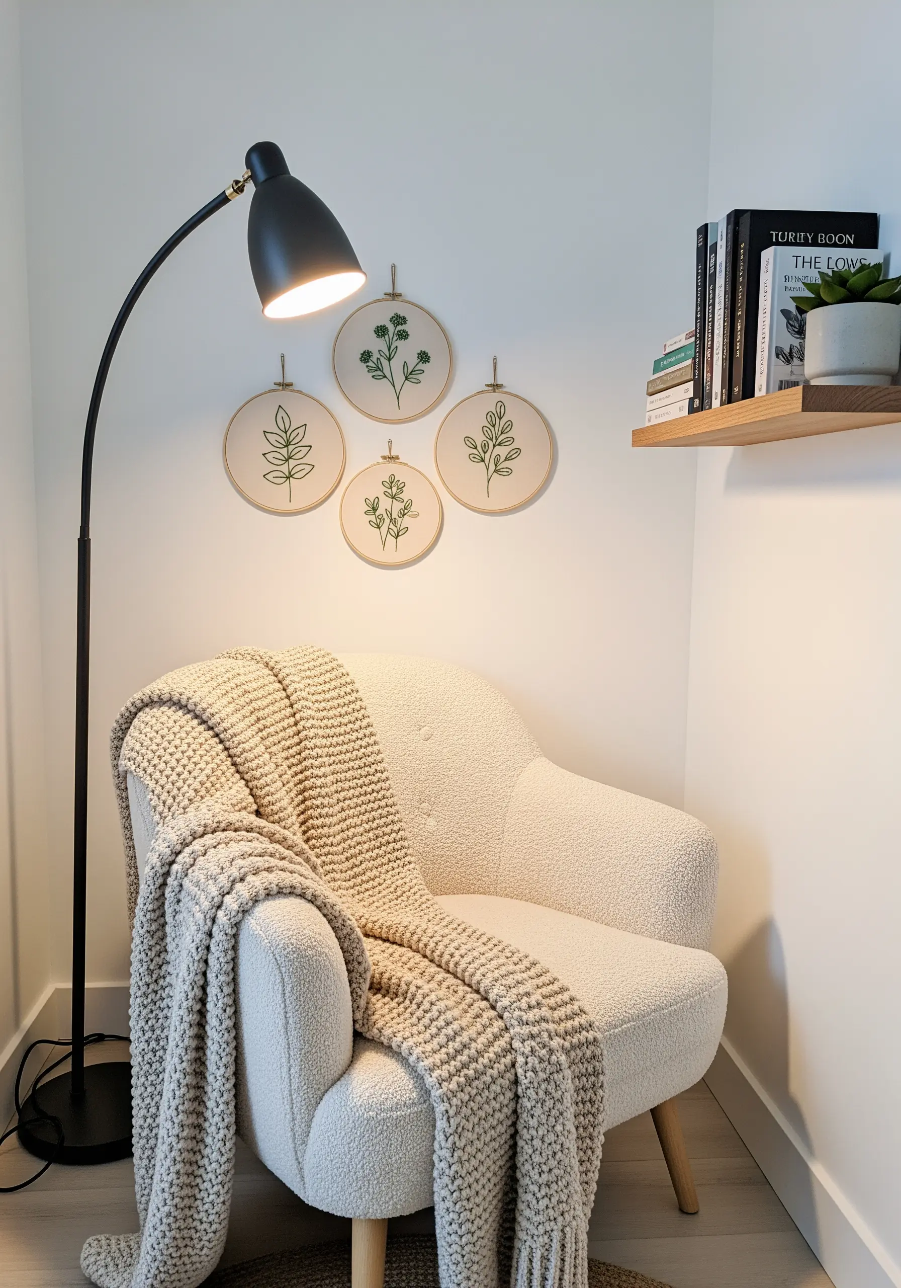 Four minimalist botanical embroidery hoops with green thread on a white wall.