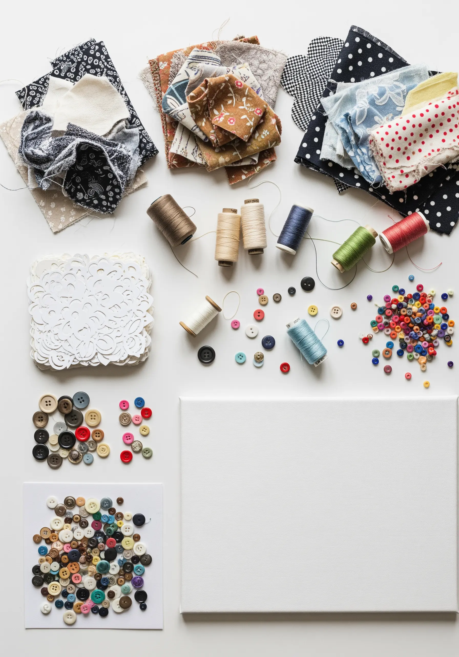 A flat lay of various craft supplies: fabric scraps, spools of thread, buttons, and a blank canvas.