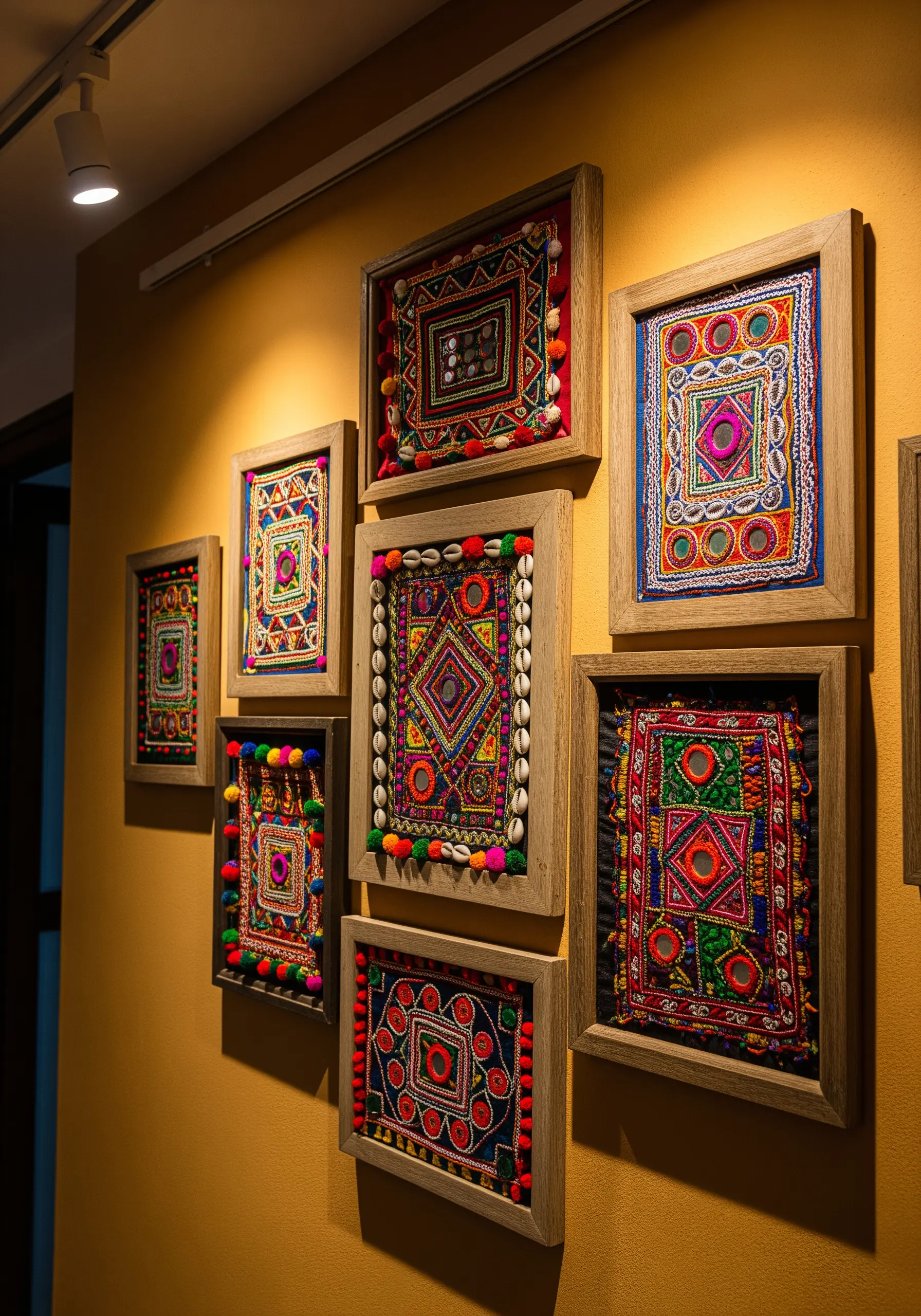 A gallery wall with multiple framed pieces of colorful Kutch mirror work embroidery.