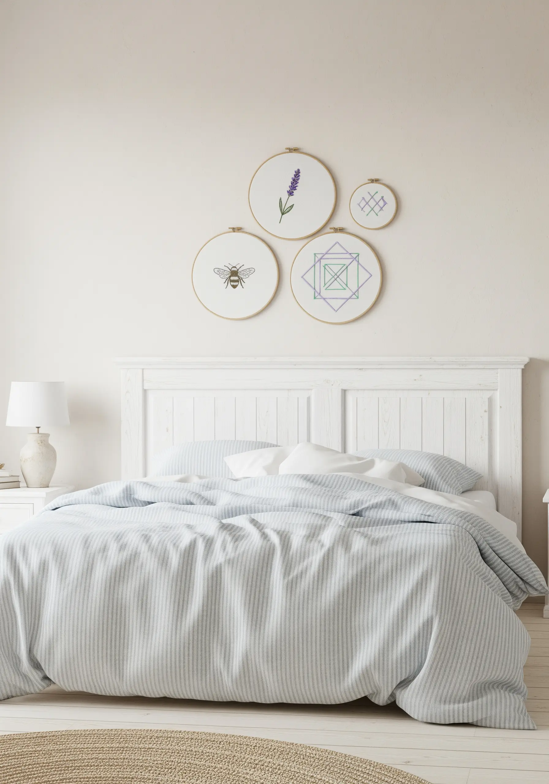 A collection of four embroidery hoops with lavender, bee, and geometric designs above a bed.