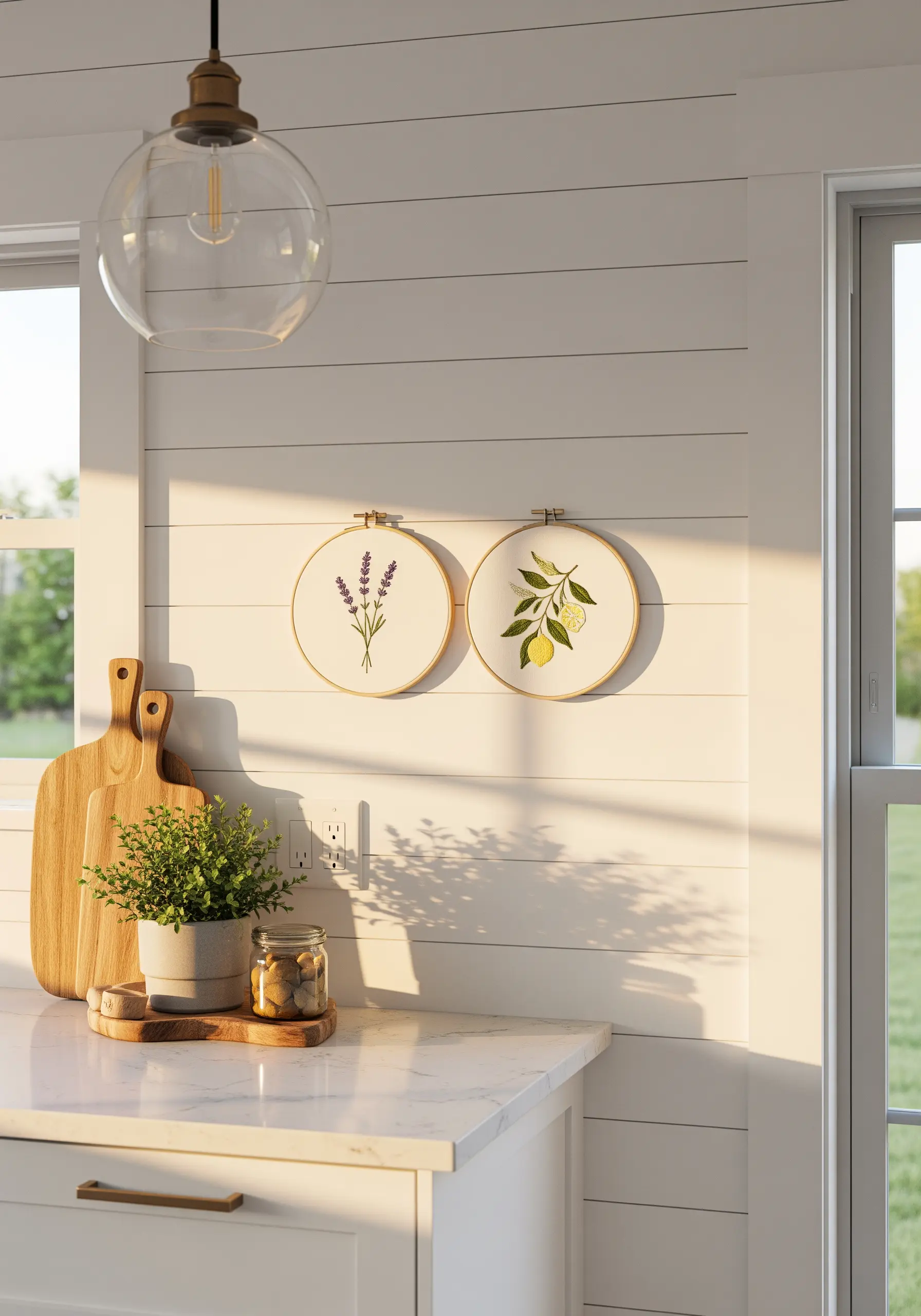 Two embroidery hoops with lavender and lemon motifs for kitchen decor.