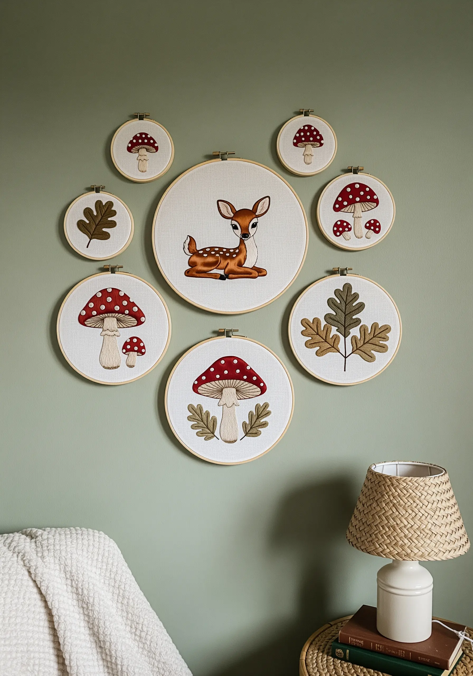 A collection of embroidery hoops with woodland creatures and botanicals arranged on a wall.