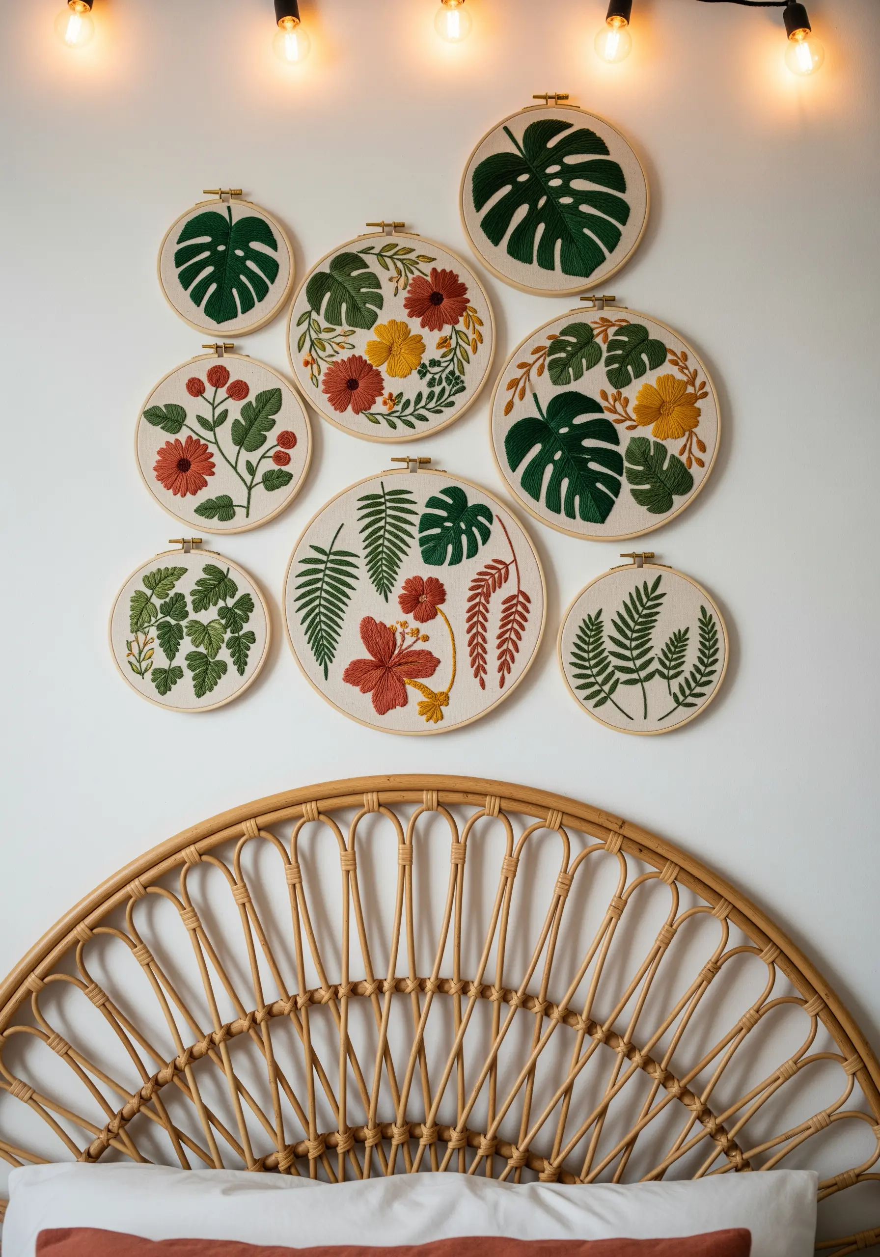 A wall collage of embroidery hoops featuring colorful botanical and floral motifs above a rattan headboard.