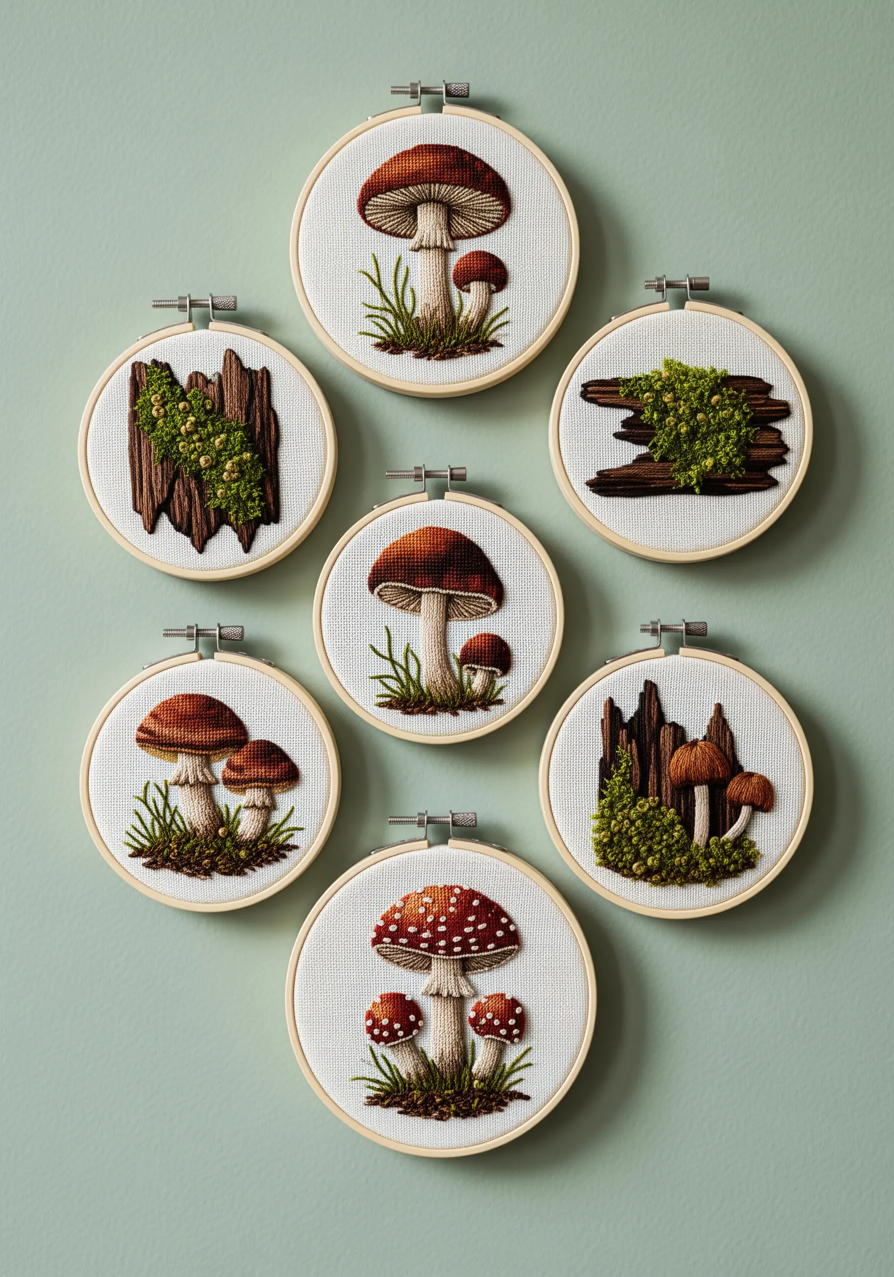 Seven small embroidery hoops with mushrooms, moss, and bark textures.