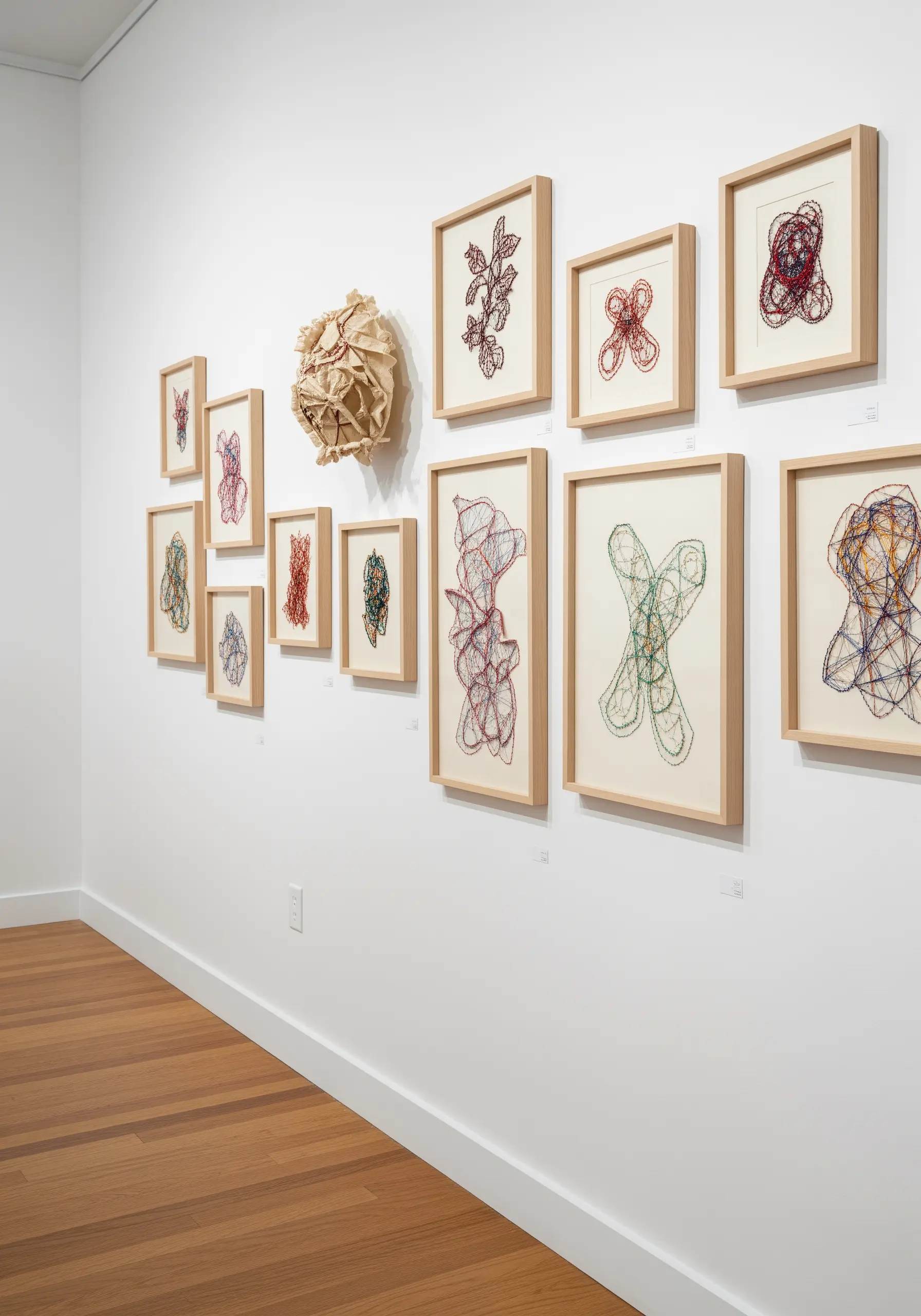 A gallery wall with multiple framed pieces of abstract embroidery on paper.