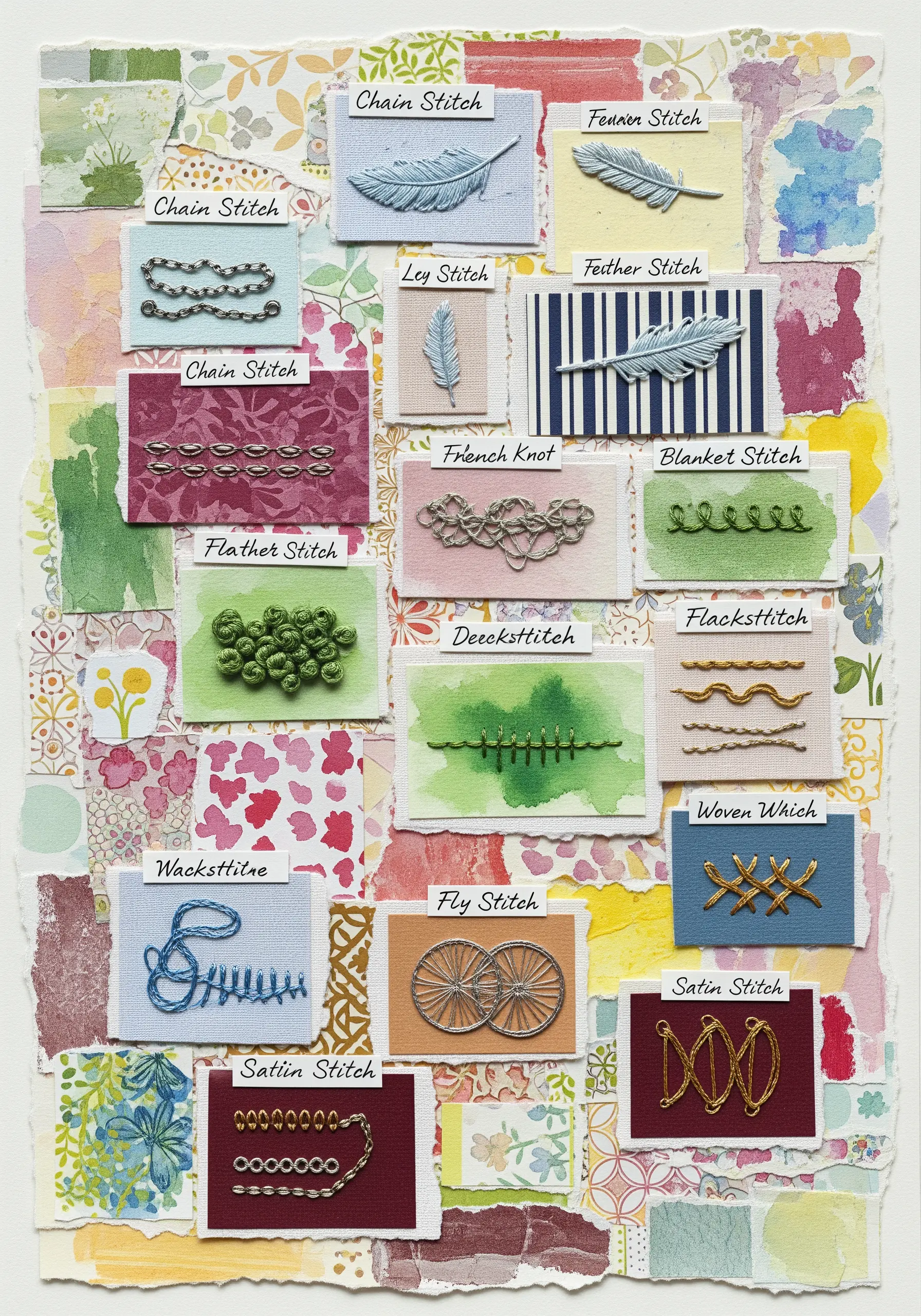 A sampler of various embroidery stitches mounted on a colorful paper collage.