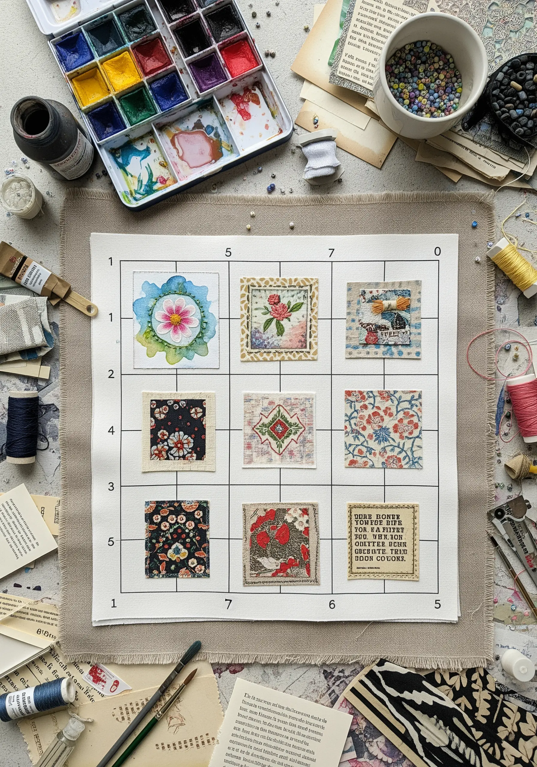 A nine-square grid on fabric, each square filled with a different mixed-media textile sample.