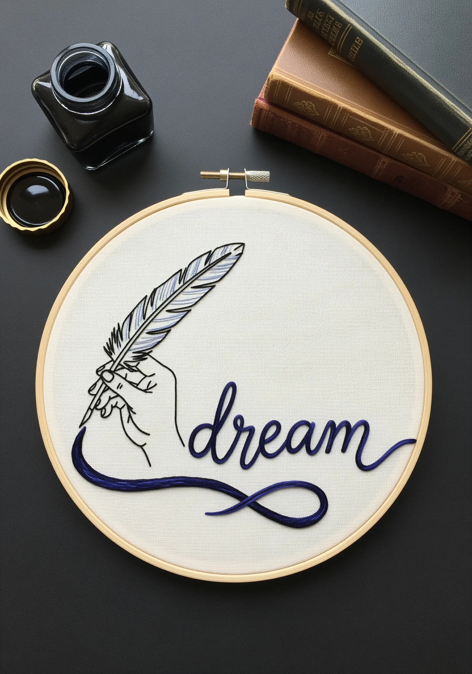 A hand holding a quill pen writes the word 'dream' in elegant, flowing blue script.