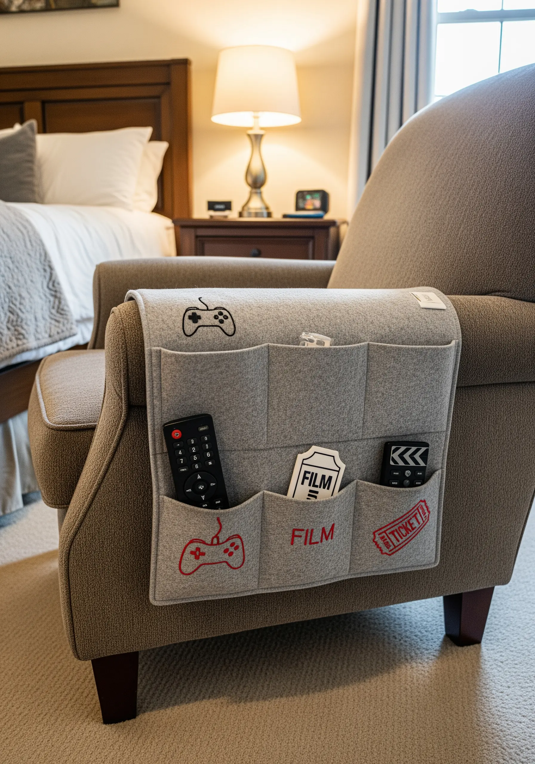 Embroidered line-art icons of game controllers on a grey felt armchair caddy.