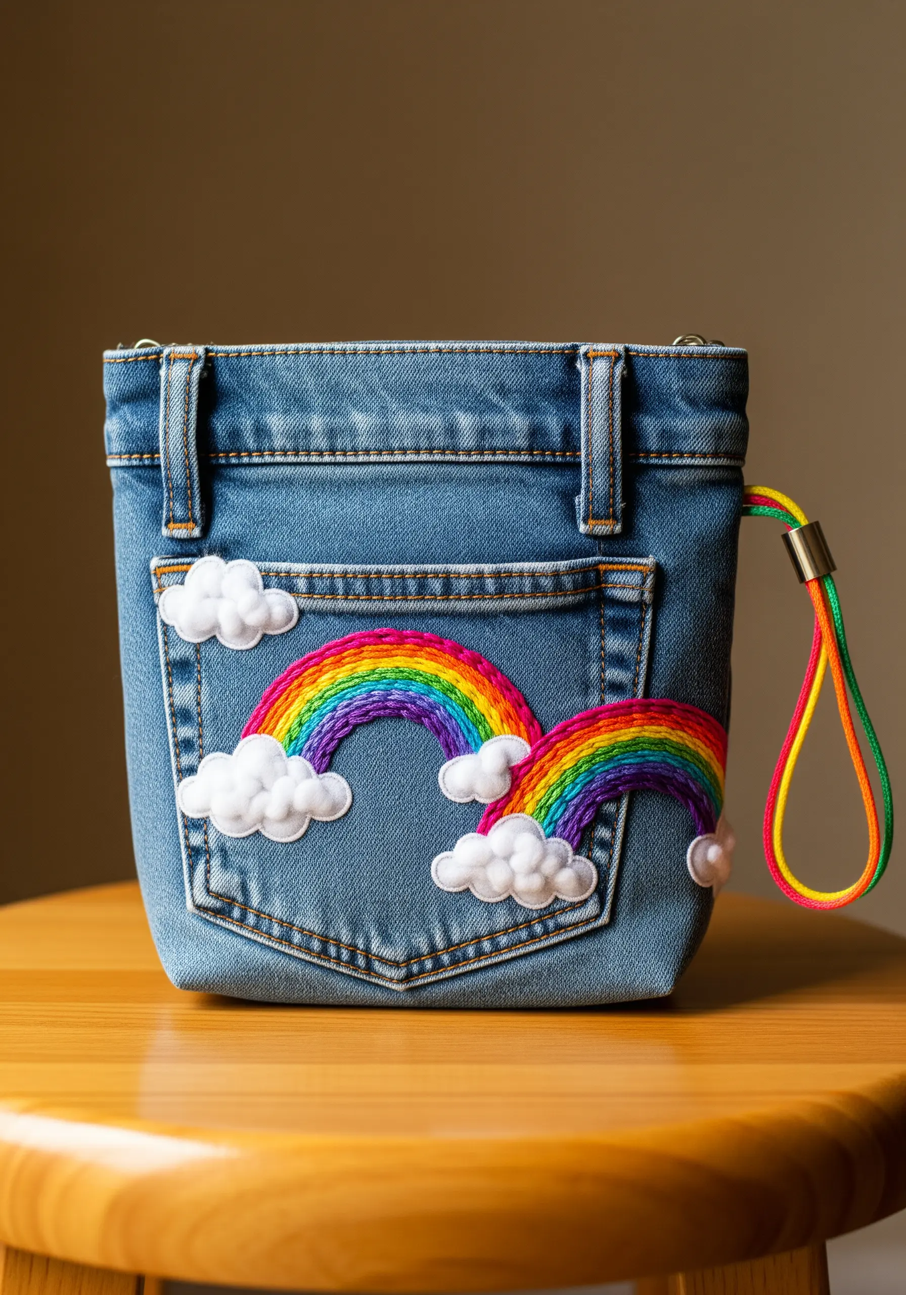 A small handbag made from an upcycled denim pocket, decorated with a vibrant rainbow patch.