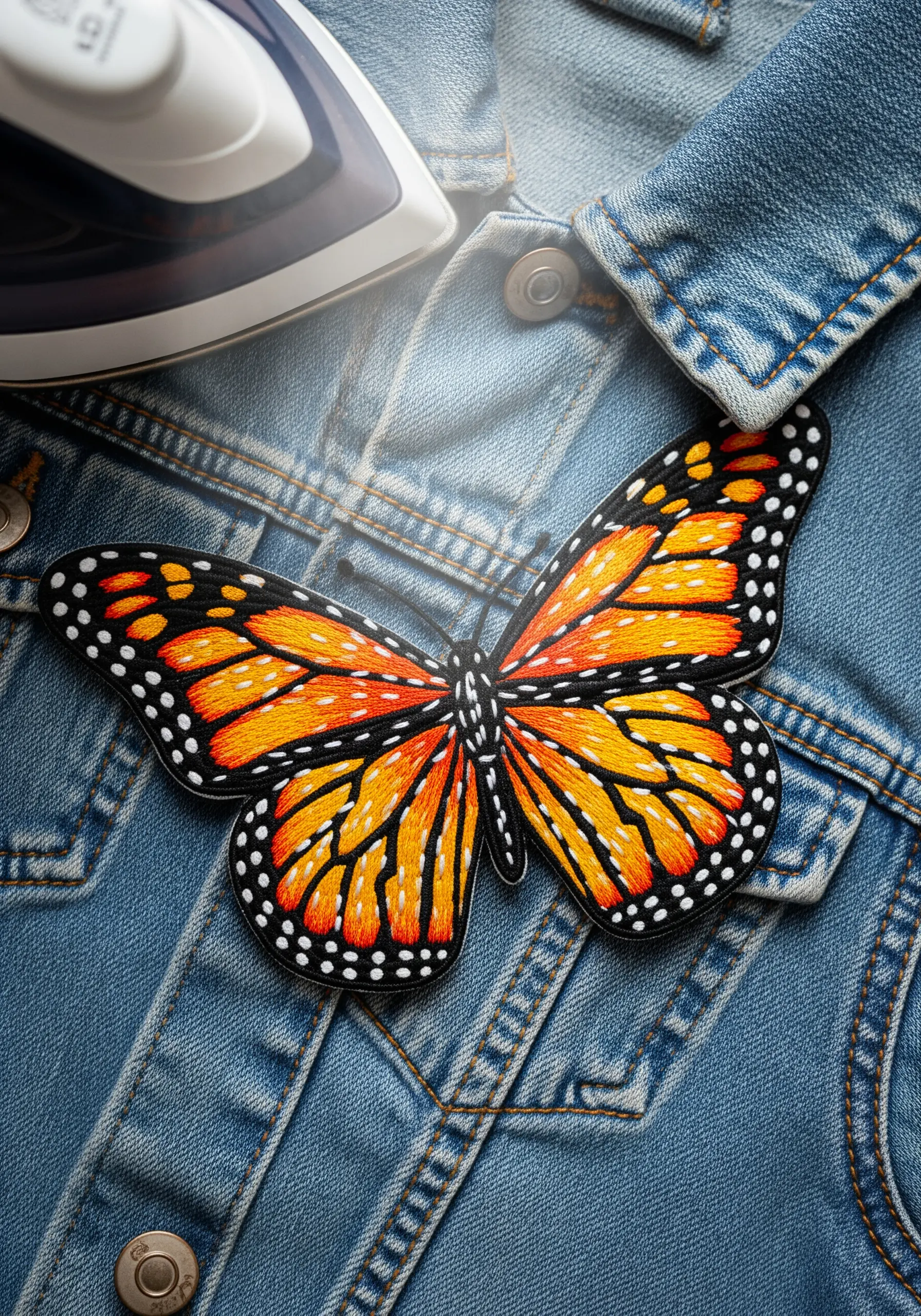 A detailed monarch butterfly embroidered patch being ironed onto a denim jacket.