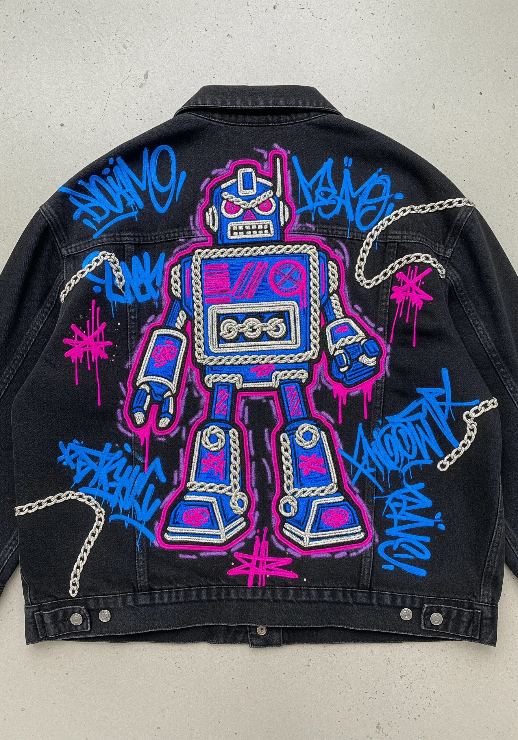 Embroidered robot on a denim jacket with silver corded outlines and pink graffiti accents.