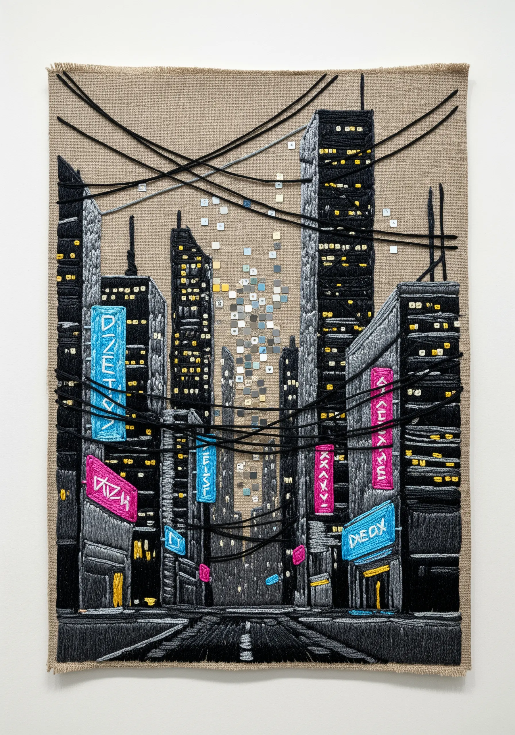 Embroidered cyberpunk city with neon threads, thick yarn cables, and metallic window details.