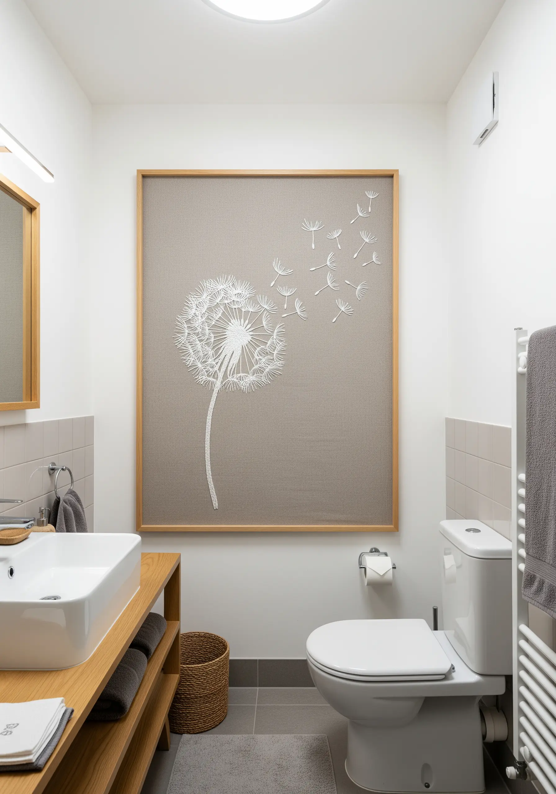 A large framed embroidery of a dandelion with its seeds blowing away in the wind.