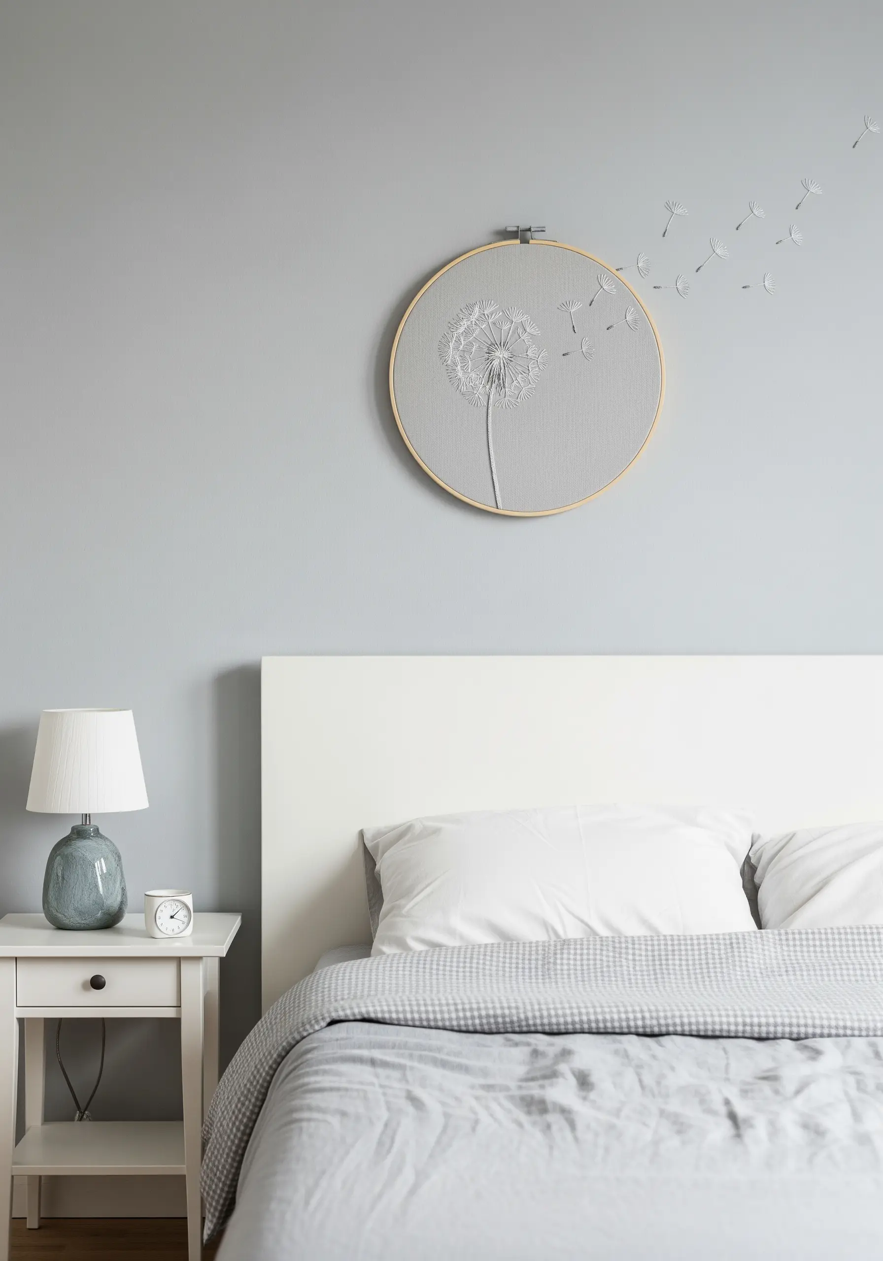 An embroidery hoop of a dandelion with seeds stitched directly onto the wall, floating away.