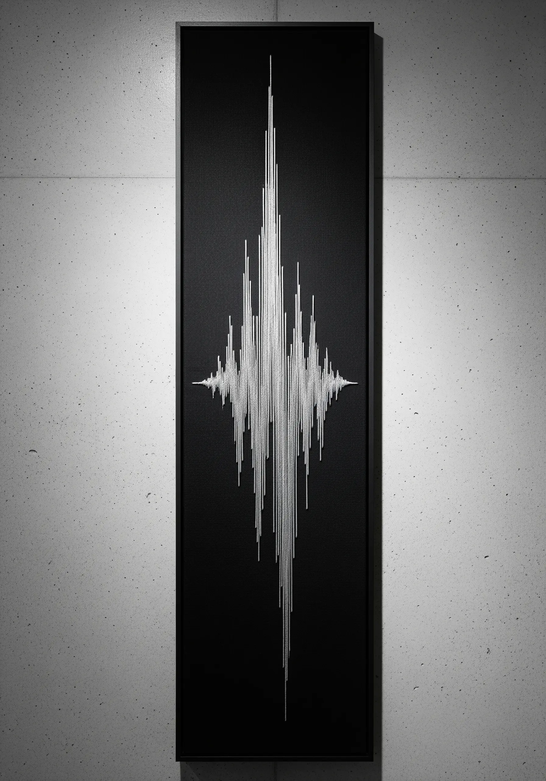 A minimalist embroidery of a white soundwave stitched on black fabric in a long frame.