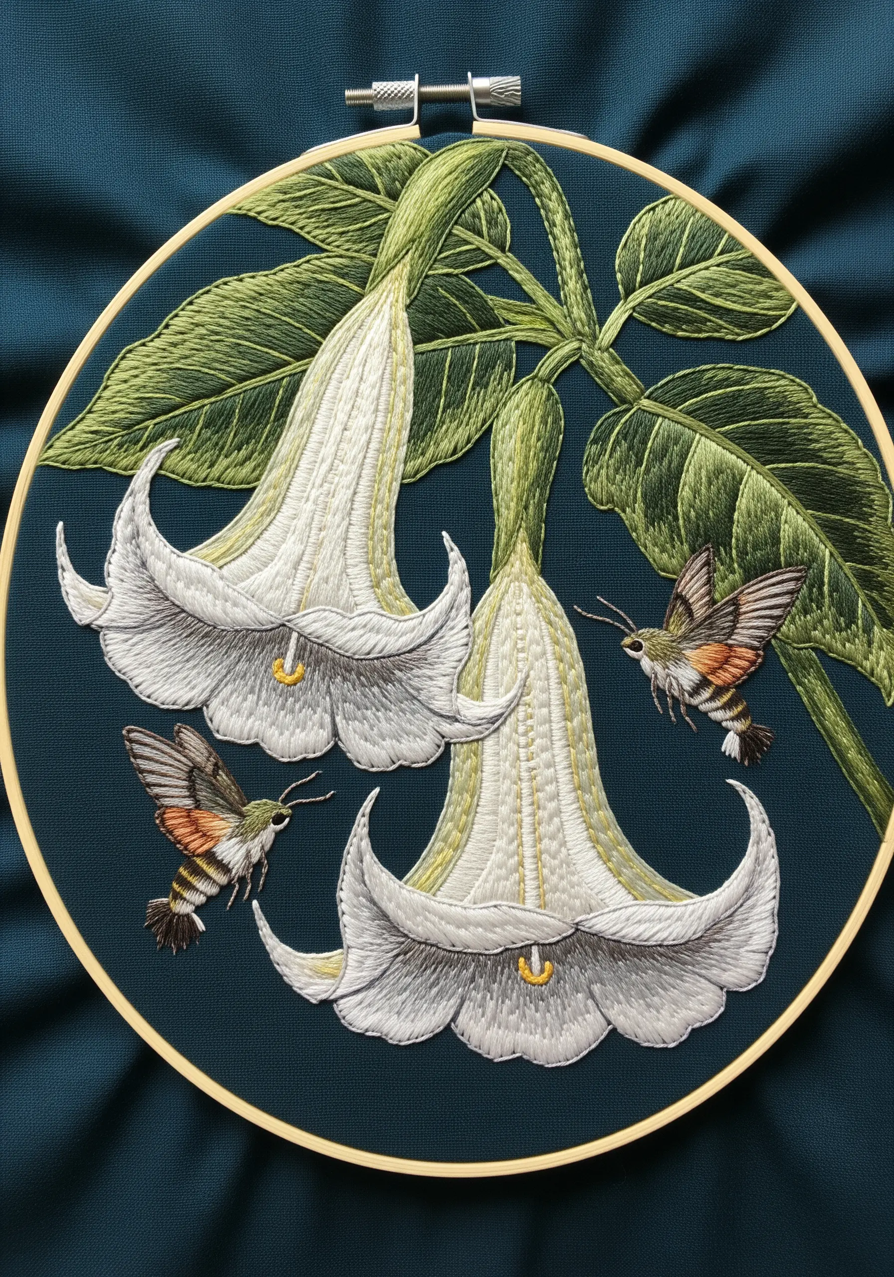 Embroidery of two large white datura flowers with two hawk moths hovering nearby.