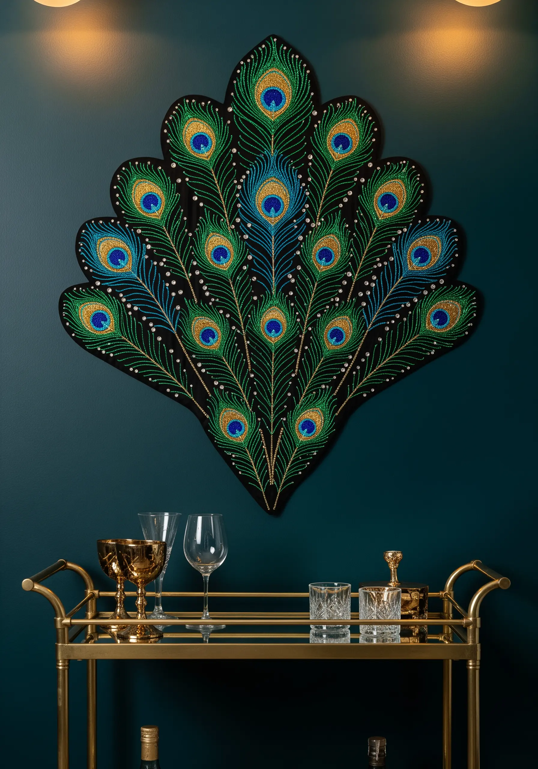 An opulent, fan-shaped wall hanging of peacock feathers with heavy beading and metallic thread.