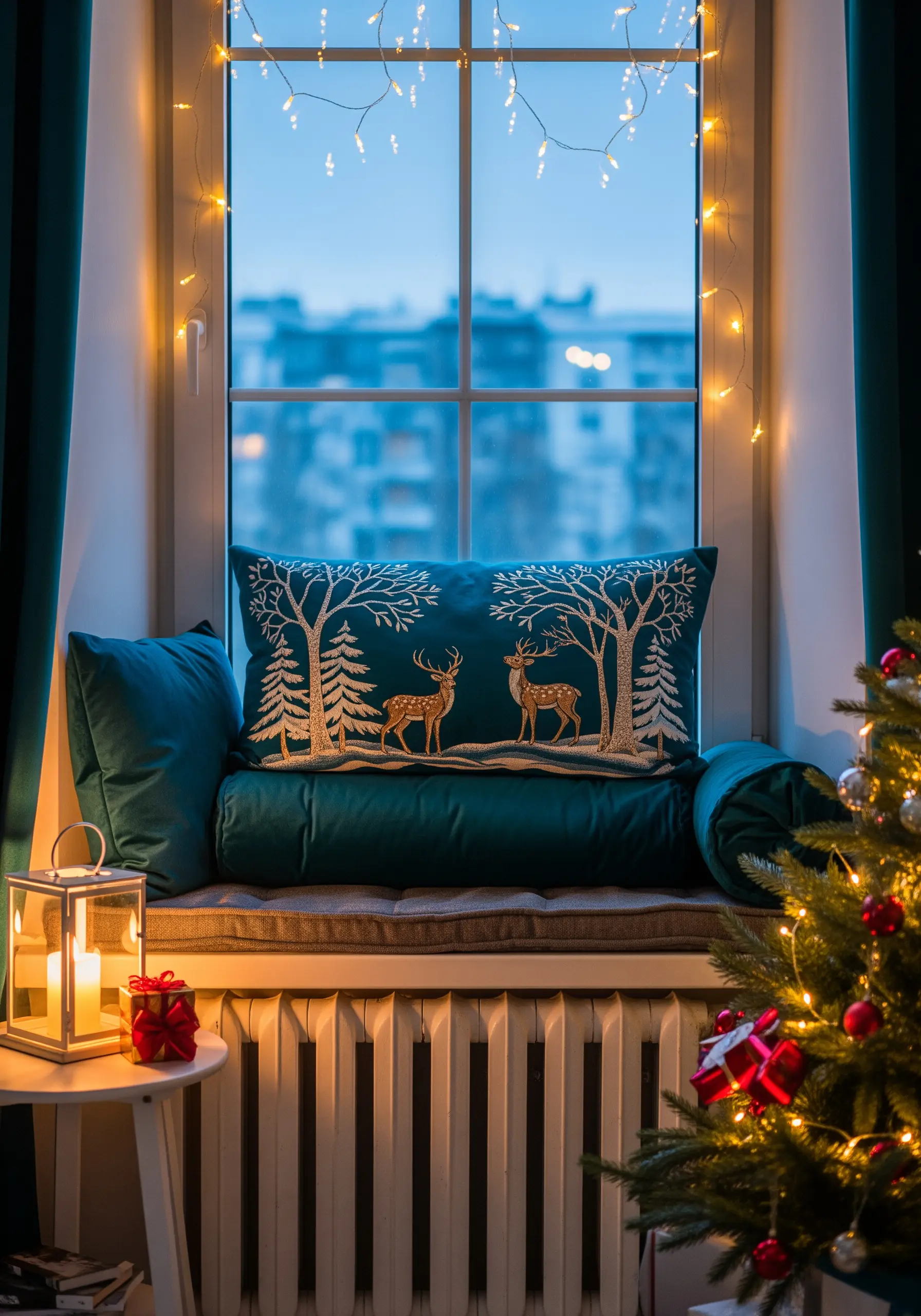 A teal velvet pillow embroidered with a winter scene of two deer and snowy trees in silver thread.