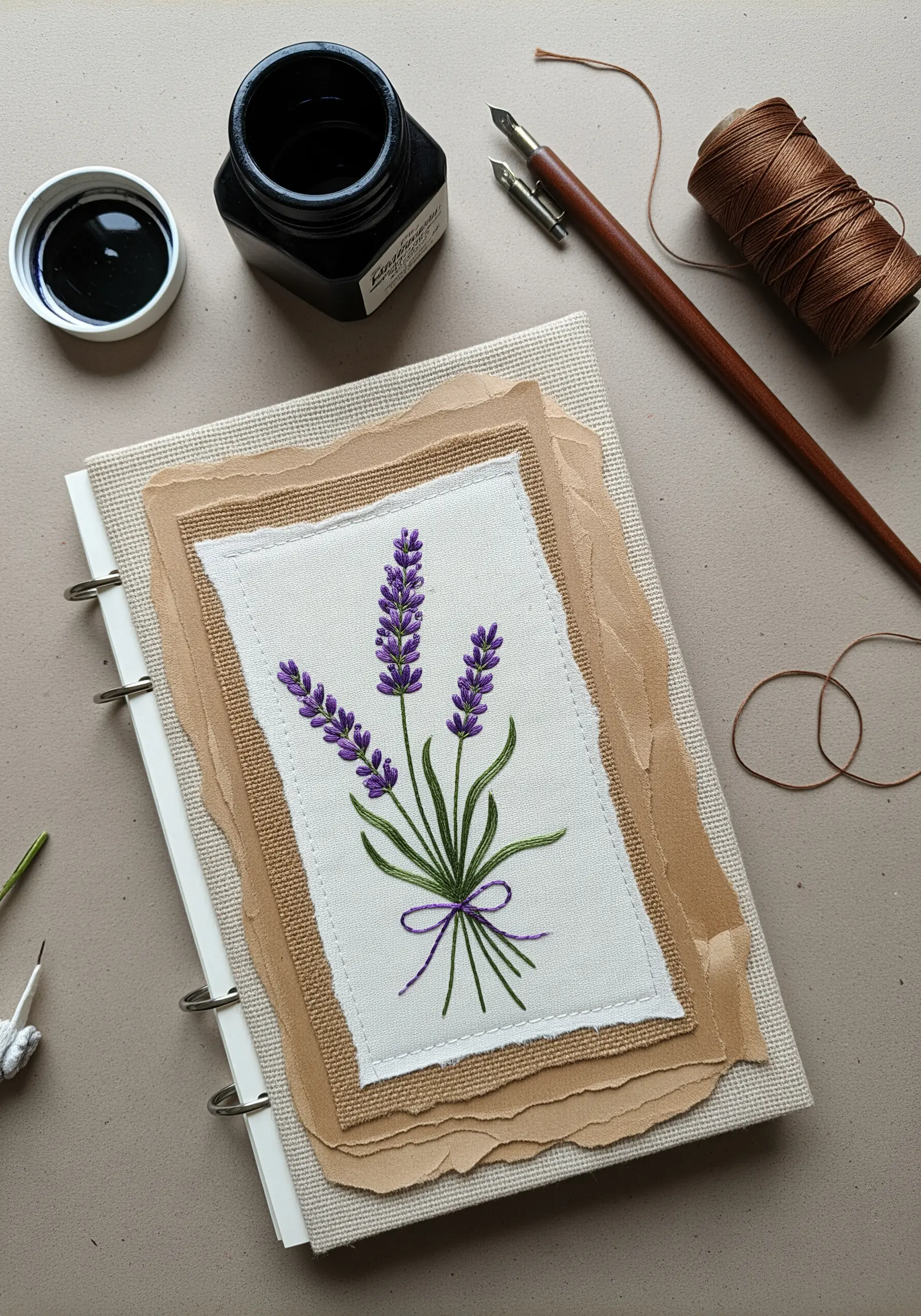 Embroidered lavender on fabric, mounted on layered, torn brown paper on a journal cover.