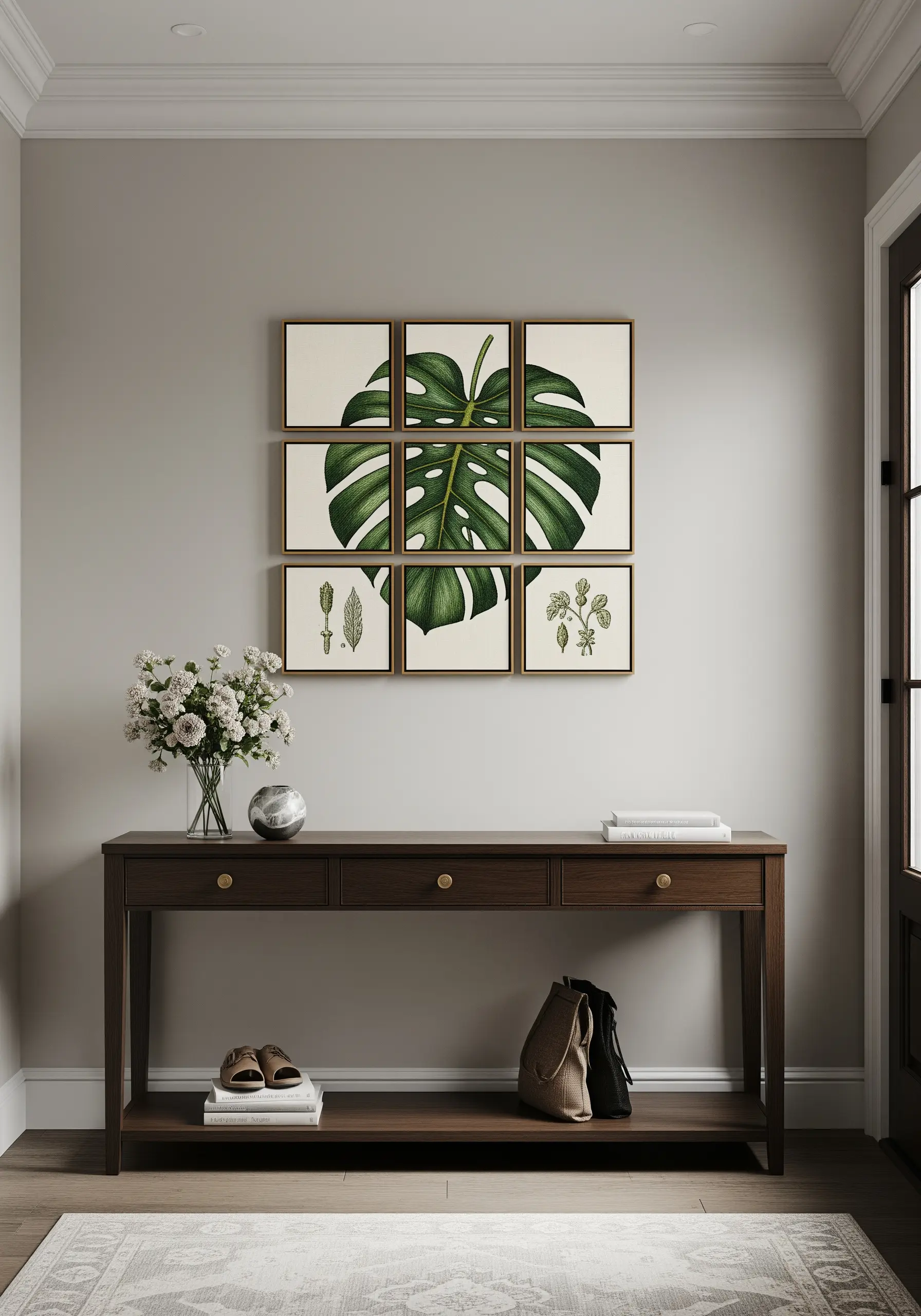 A large Monstera leaf embroidered across a grid of nine frames in an entryway