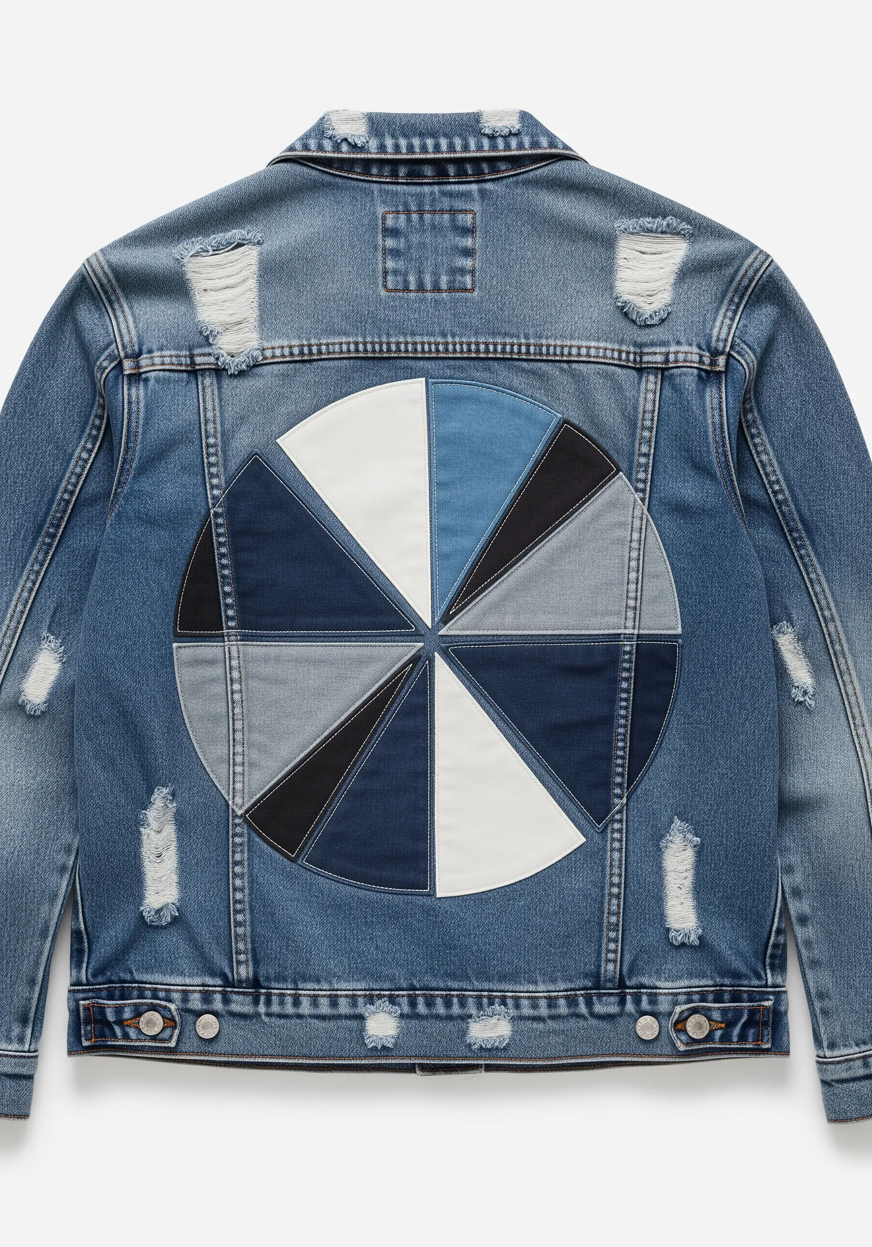 A circular appliqué design like a pie chart, made from different shades of denim fabric.