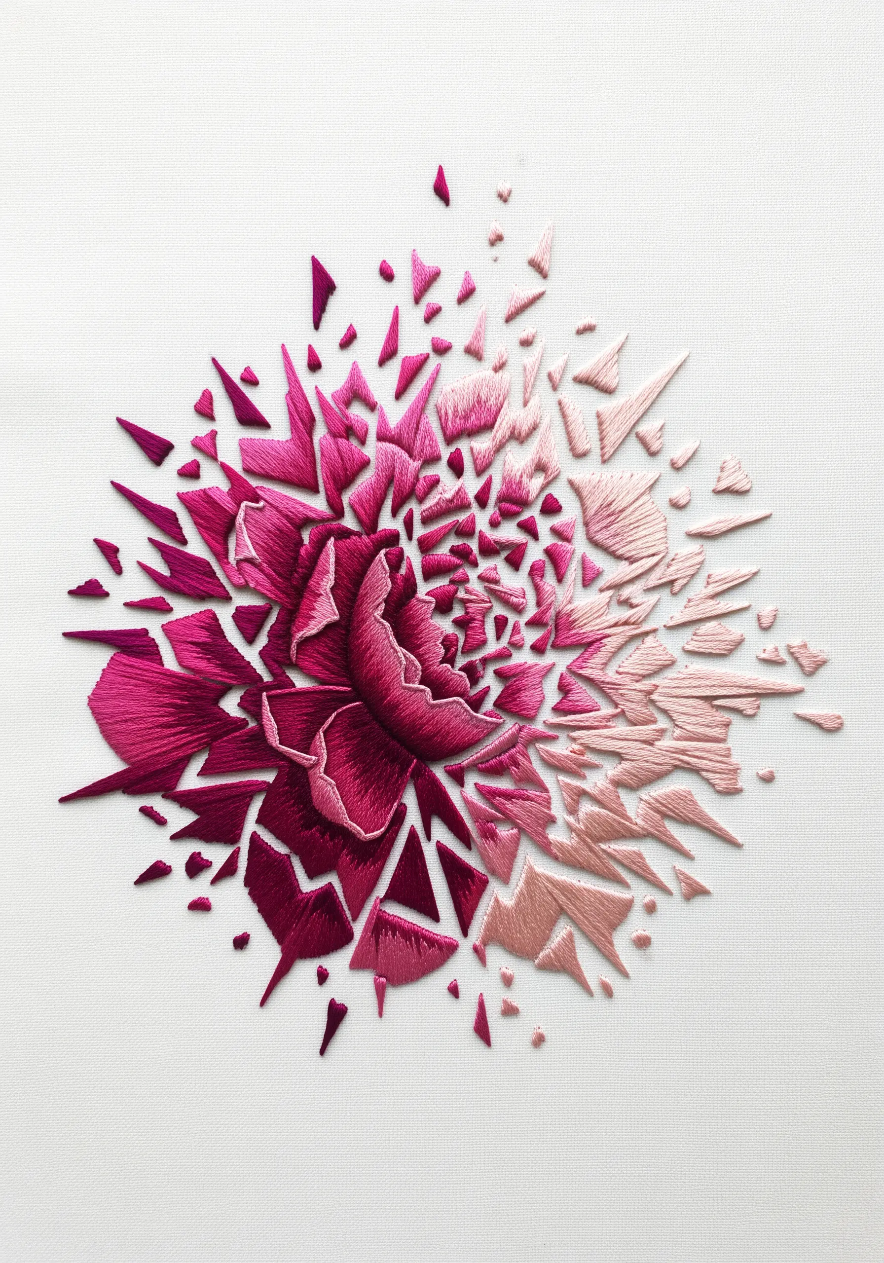 A pink peony embroidered to look like it's shattering into geometric pieces.