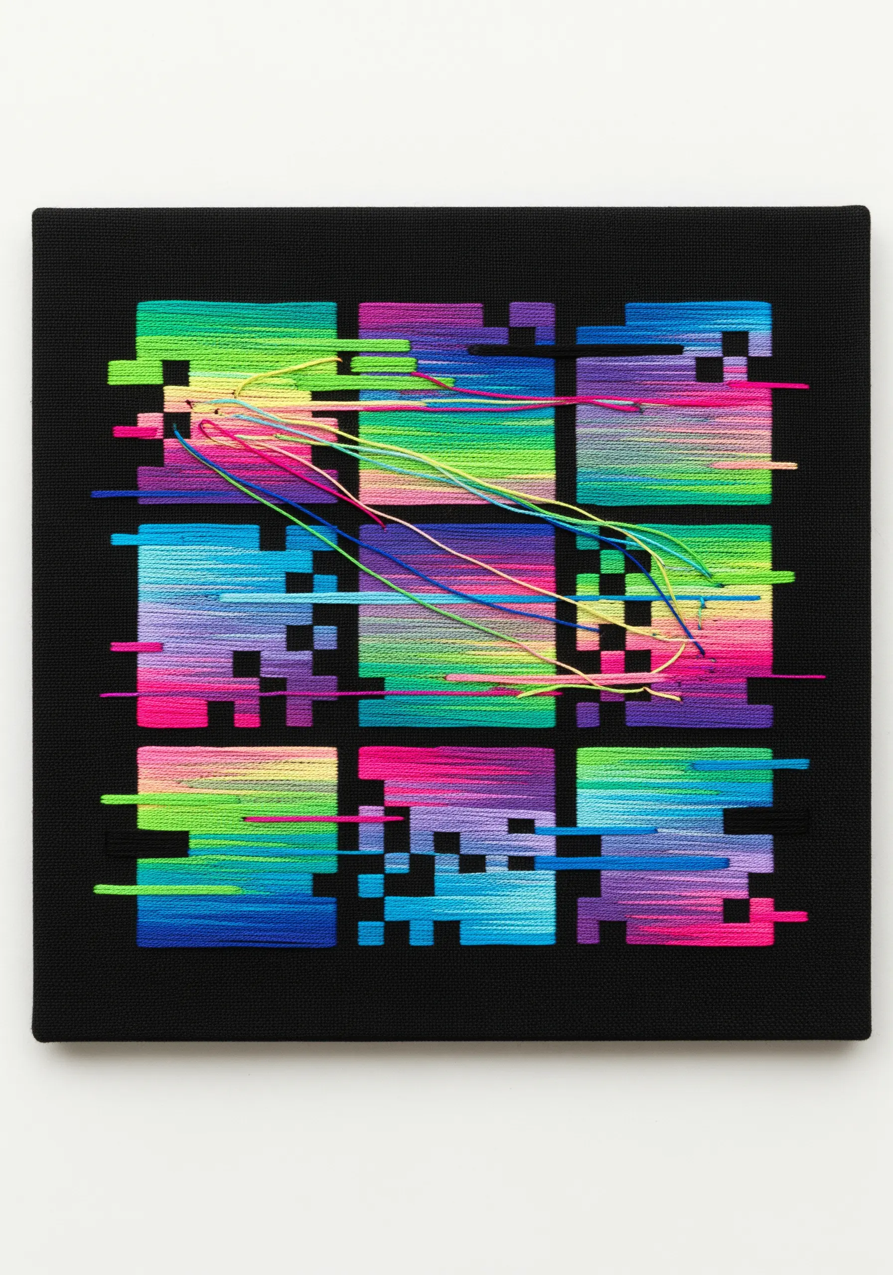 Abstract embroidery with pixelated gradient squares and long, floating rainbow threads.
