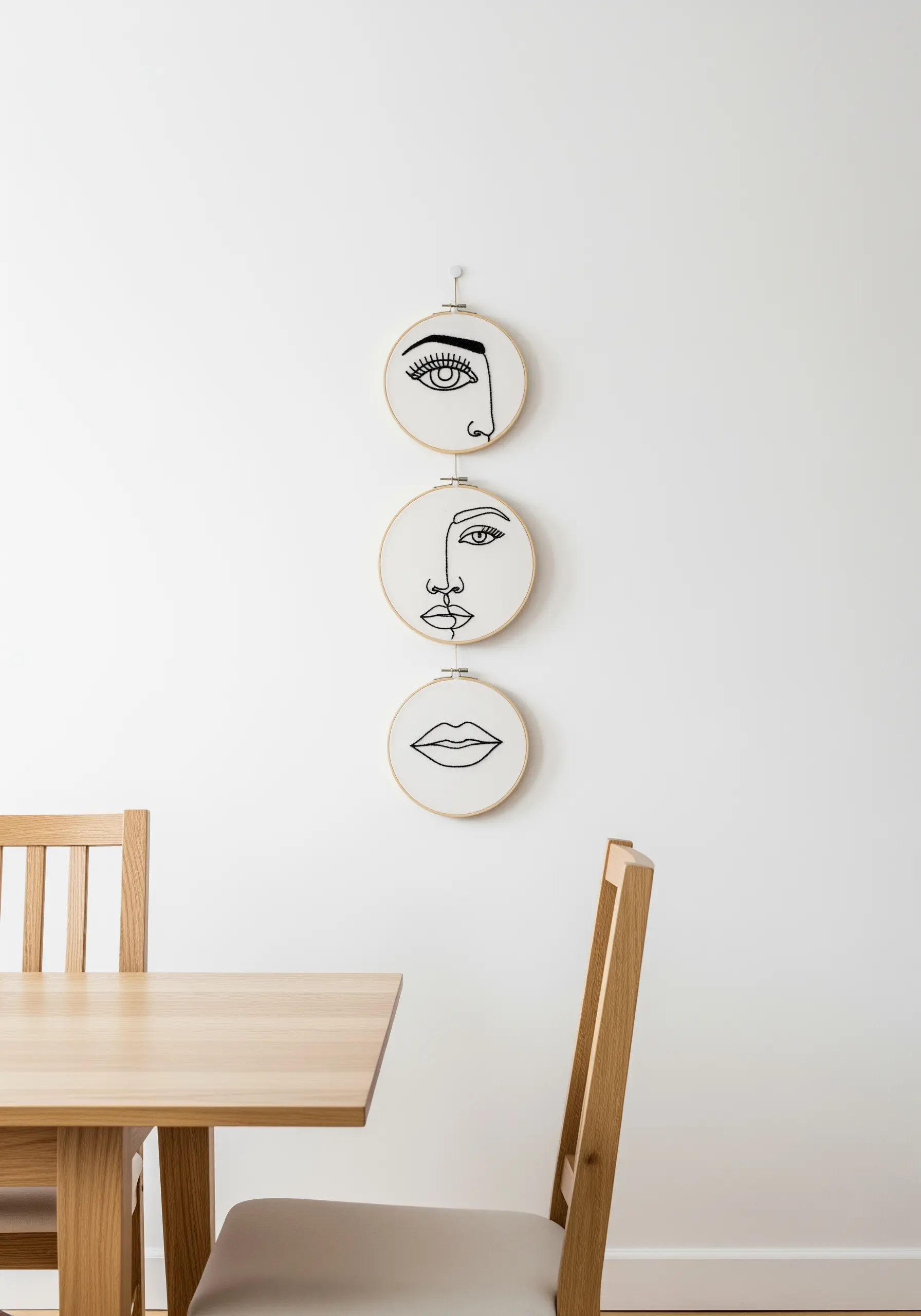 A vertical trio of small hoops, each showing a deconstructed part of a face.