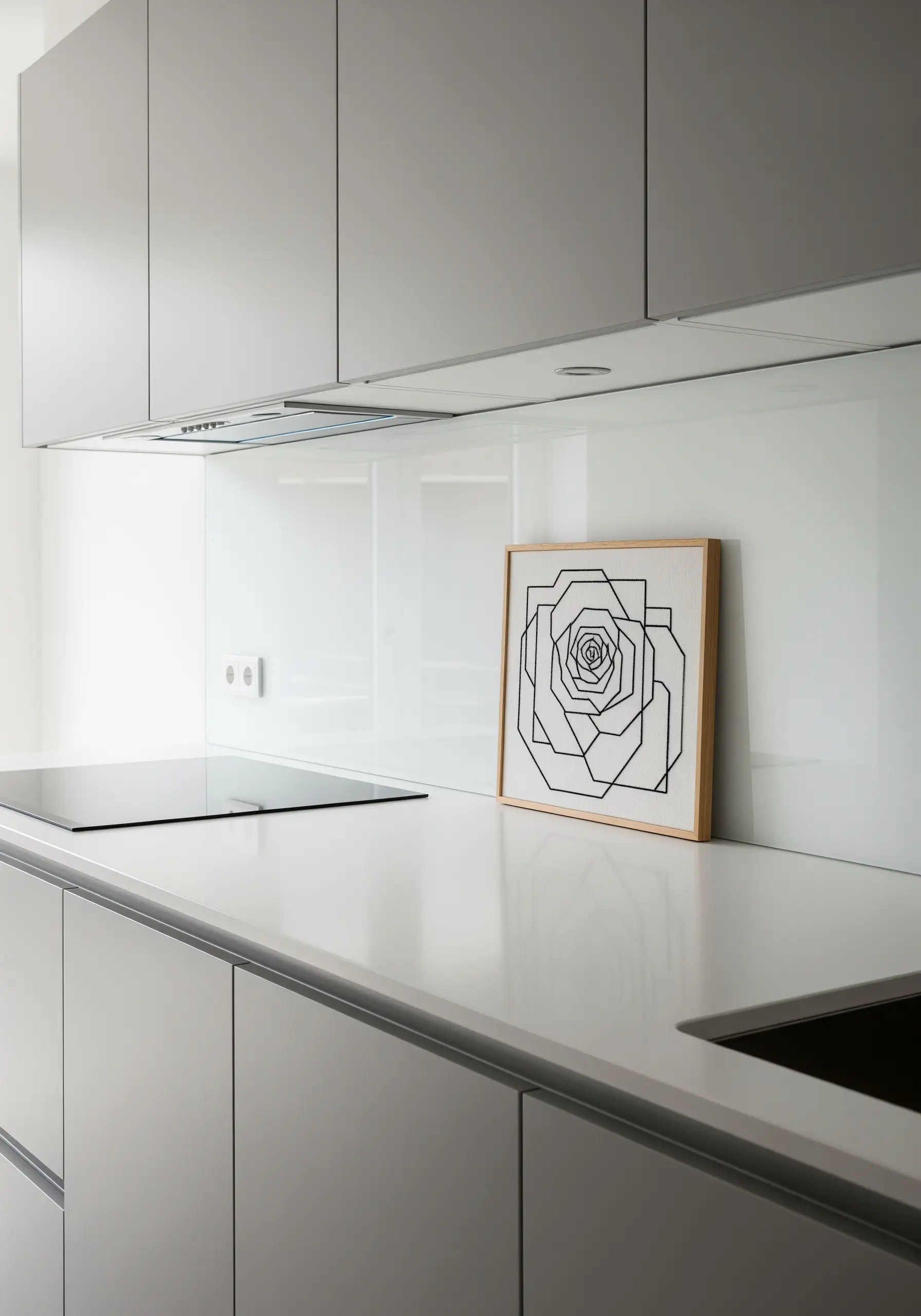 A framed geometric line art embroidery of a rose in a minimalist white and grey kitchen.