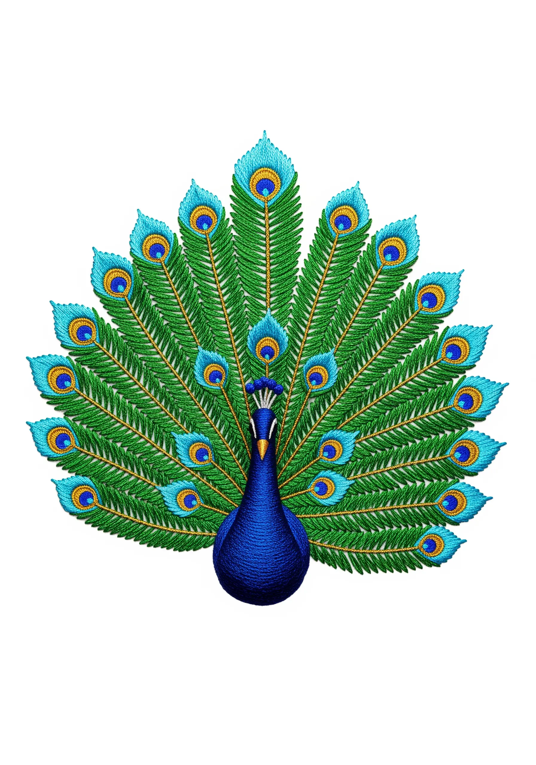A highly detailed embroidery of a peacock with its tail feathers fully displayed.