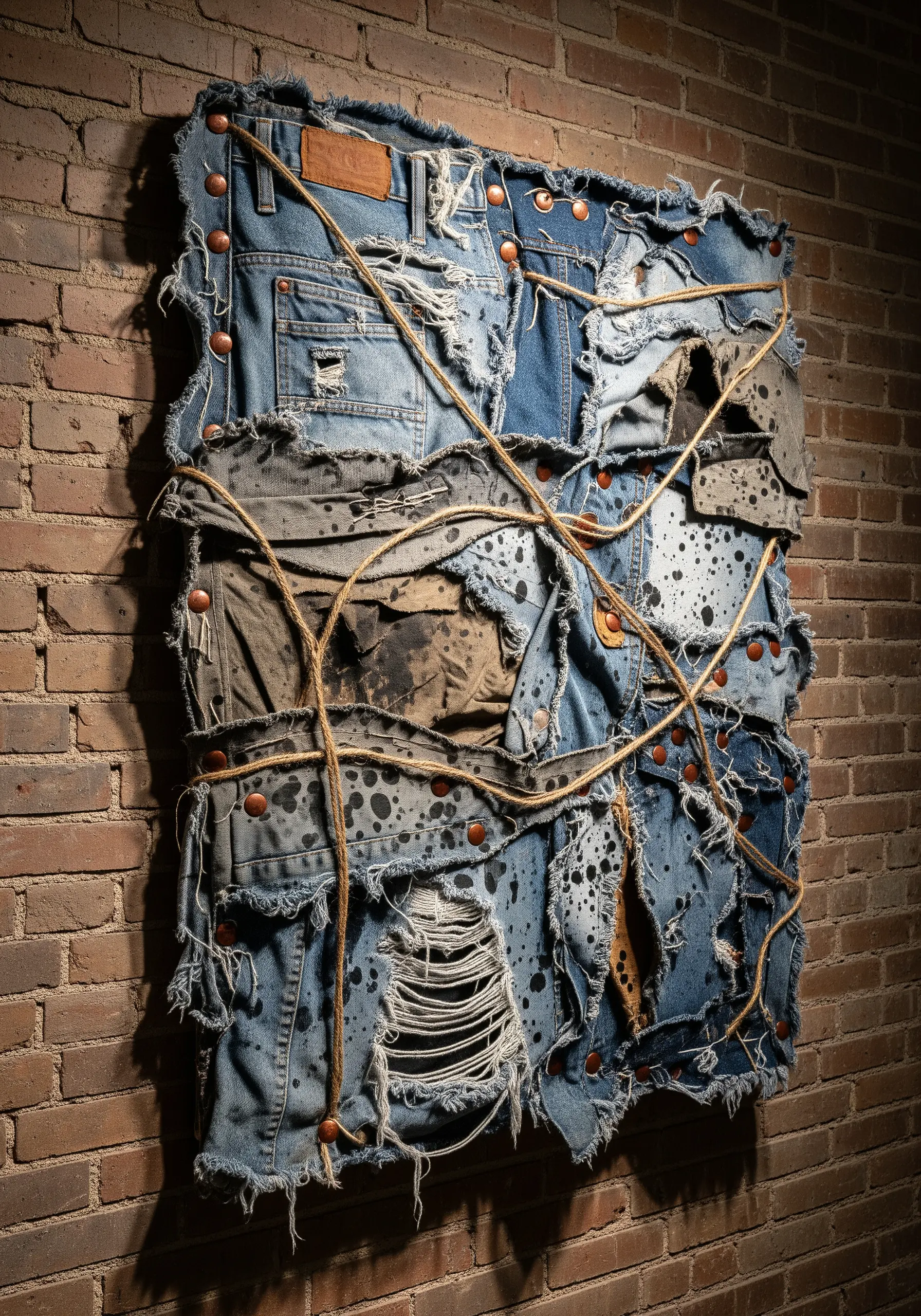 A raw, abstract wall art piece made from layered, distressed, and paint-splattered denim.