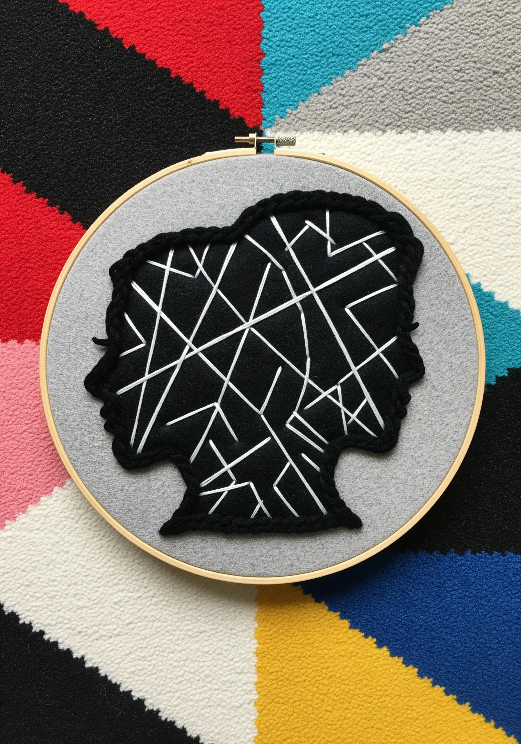 A solid black felt silhouette of two faces with abstract white lines stitched over it.