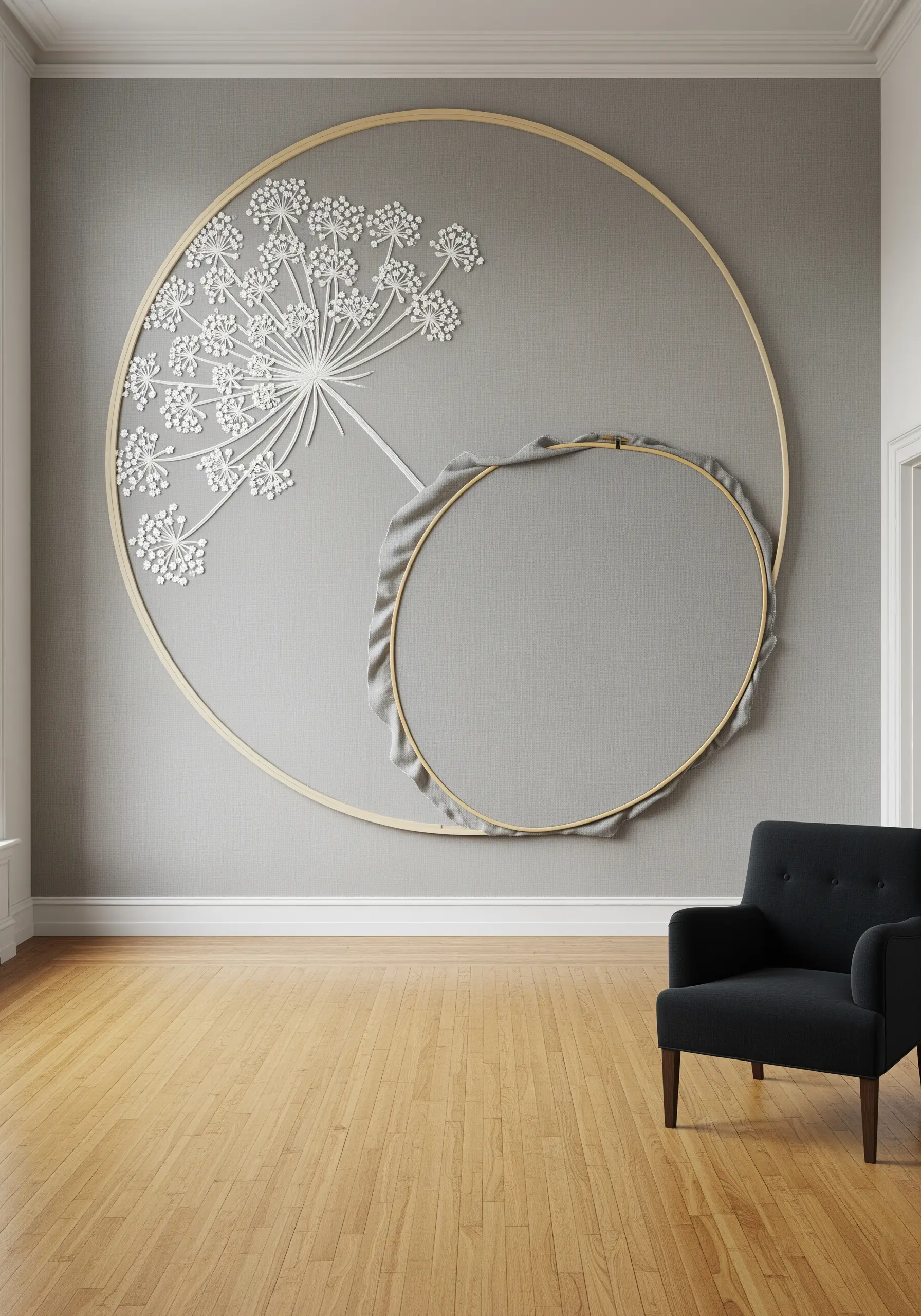 Large-scale sculptural embroidery of Queen Anne's lace with a second hoop showing draped fabric.