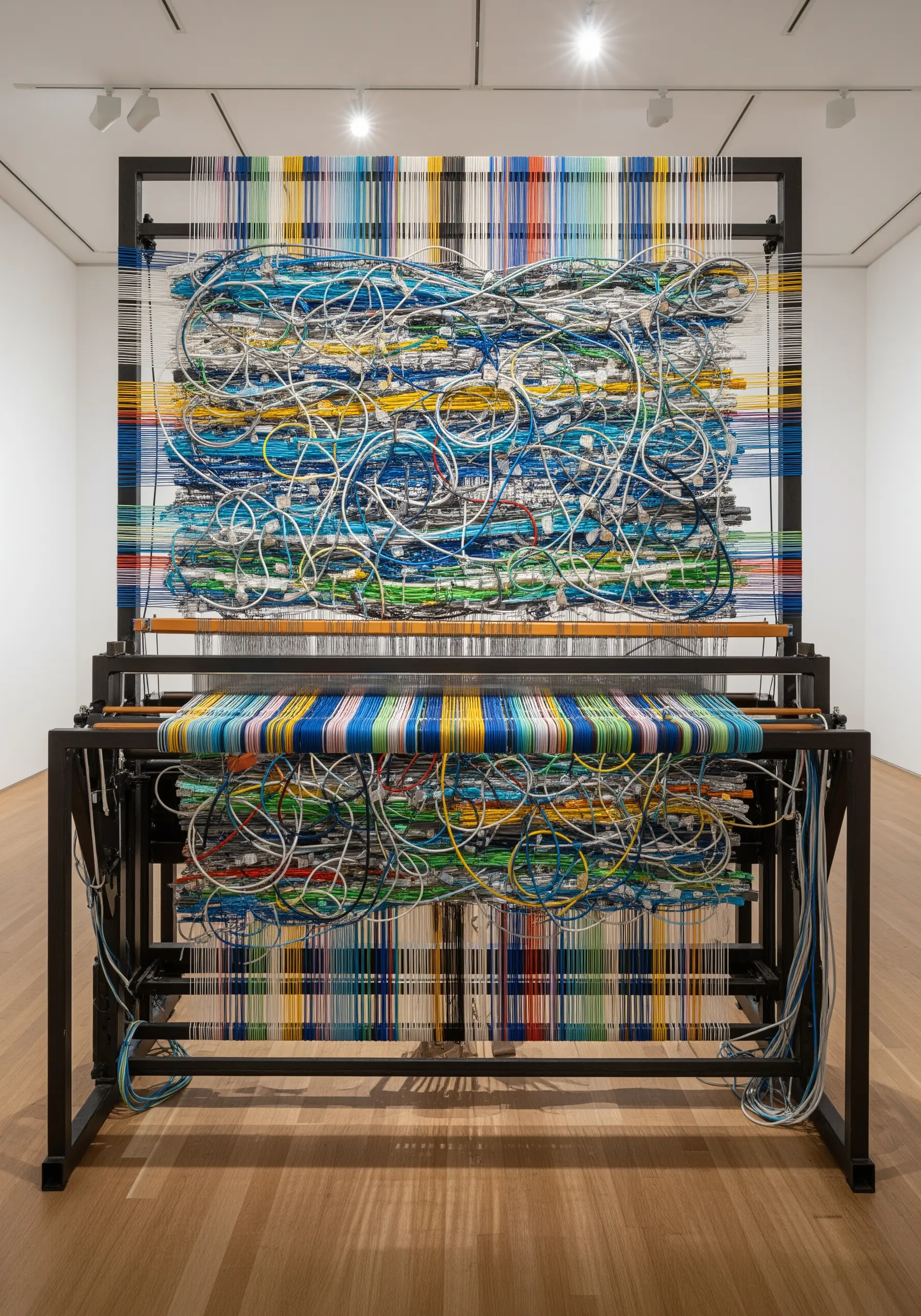 A large loom displaying a weaving made of colorful data cables and electrical wires.