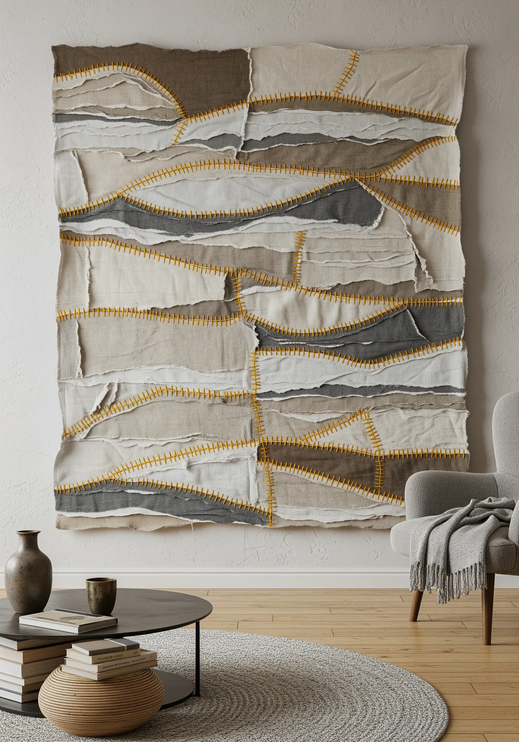 Large patchwork tapestry of neutral fabrics with raw edges joined by gold running stitches.