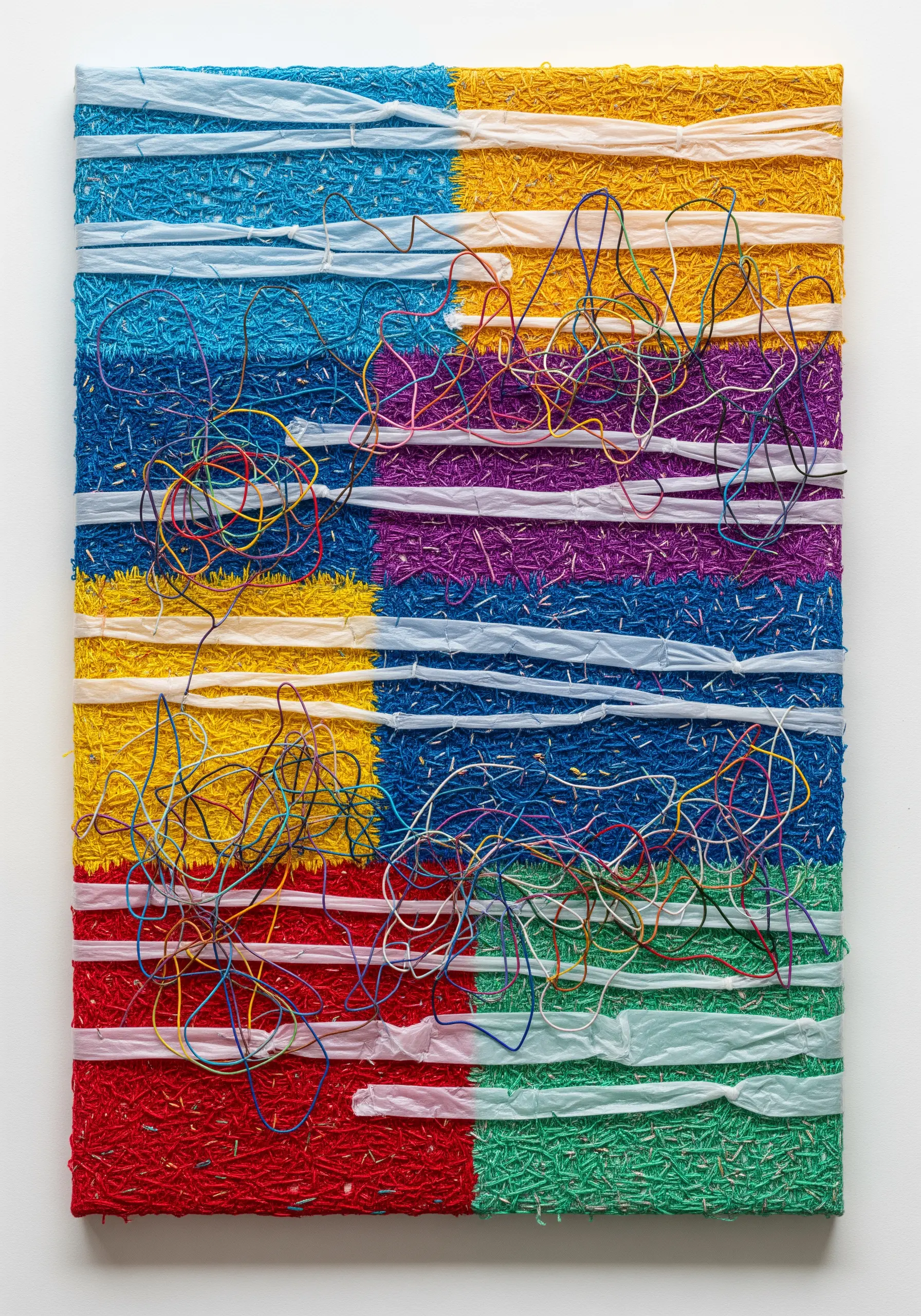 Abstract textile art with blocks of color, woven plastic strips, and tangled electrical wires.