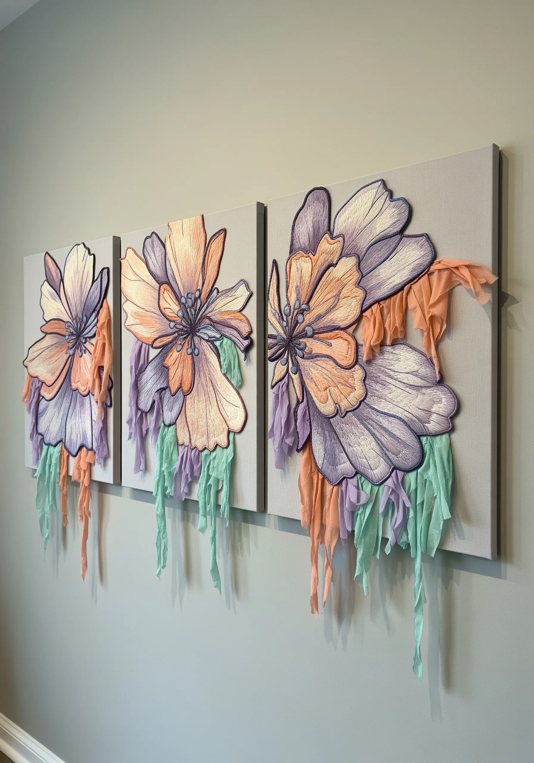 Three-panel artwork with embroidered flowers and cascading pastel fabric strips.