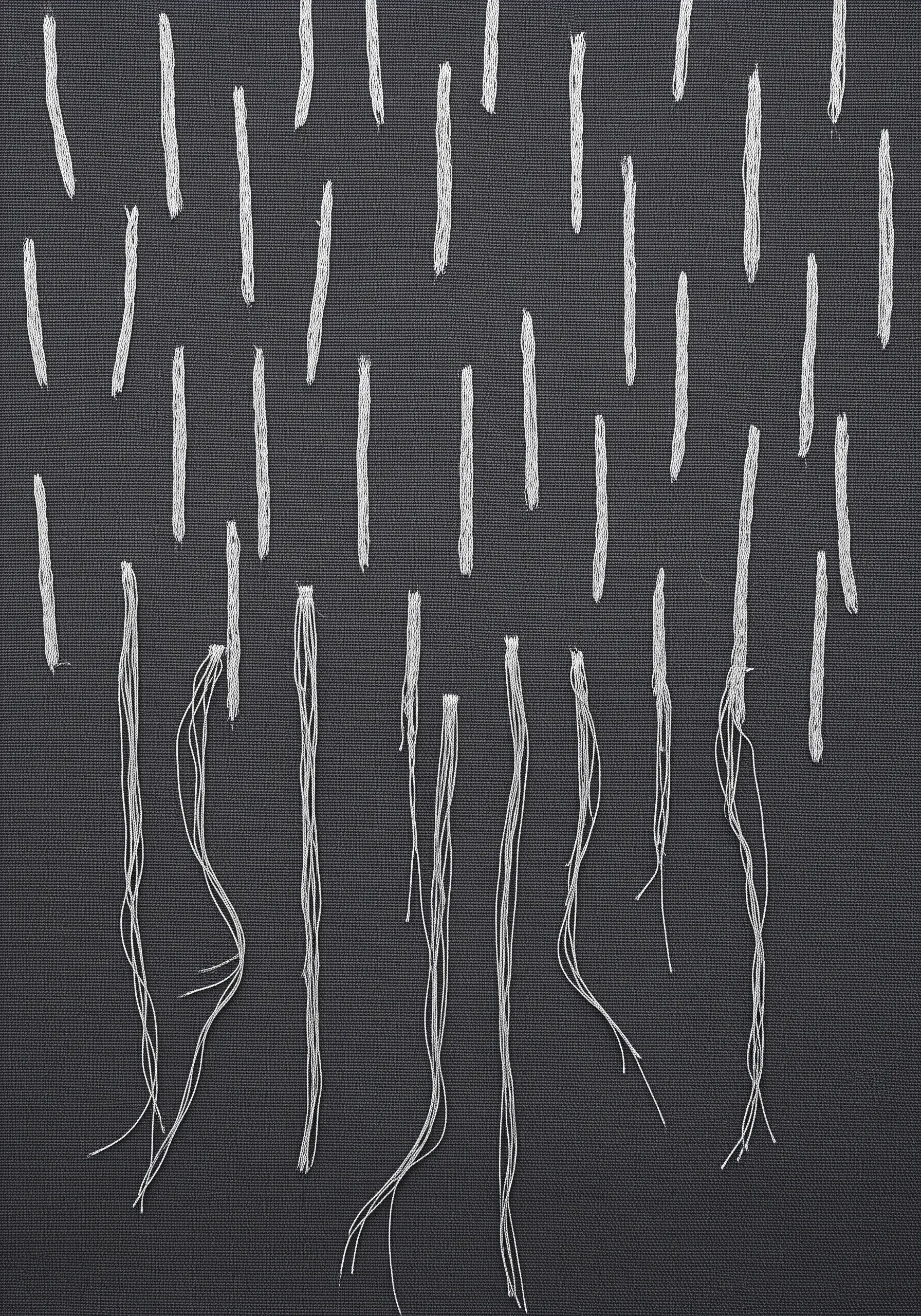 Abstract embroidery with stitched vertical lines transitioning into a long, un-anchored fringe.