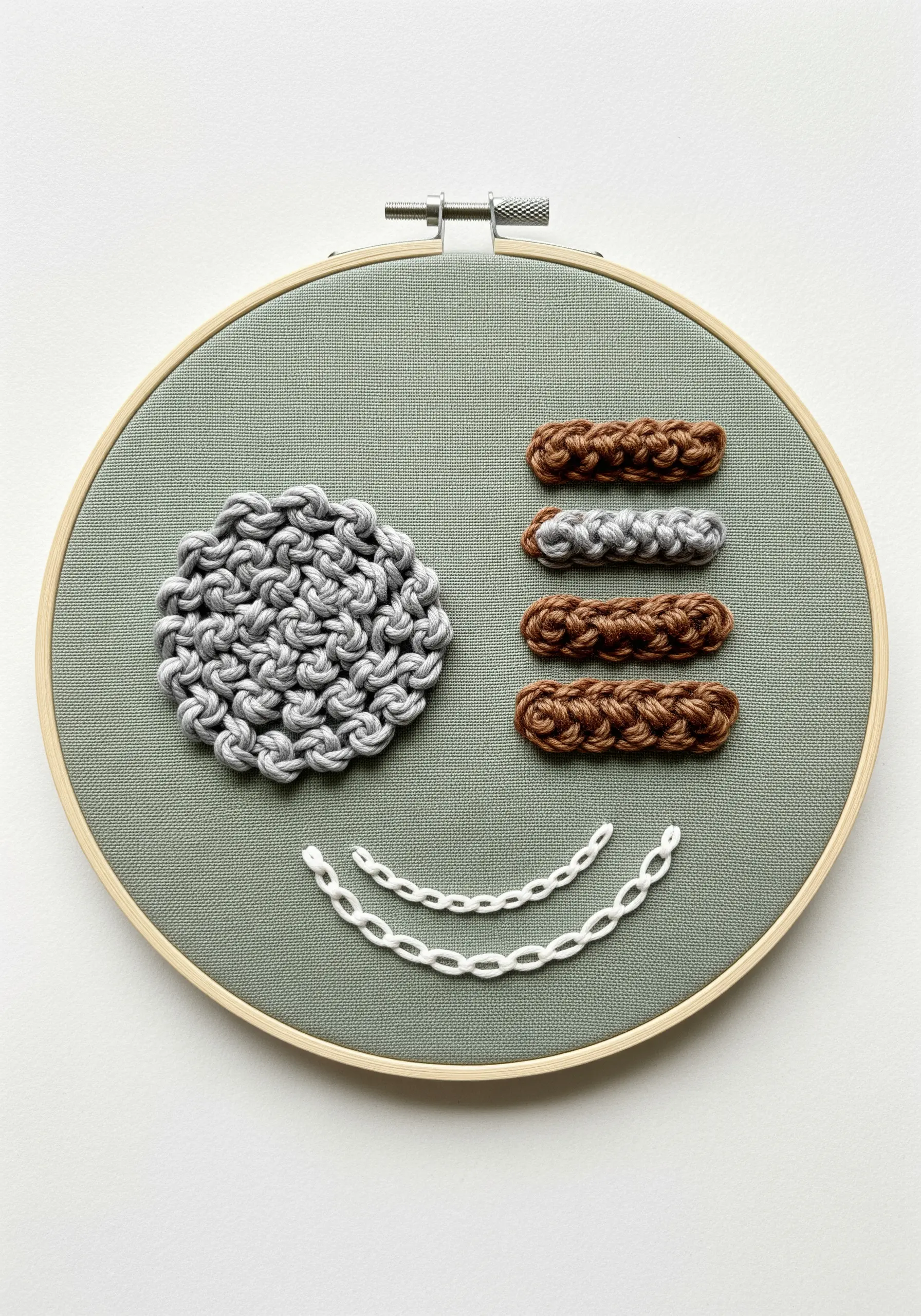 A minimalist abstract face made from various textural stitches like weaving and chain stitch.