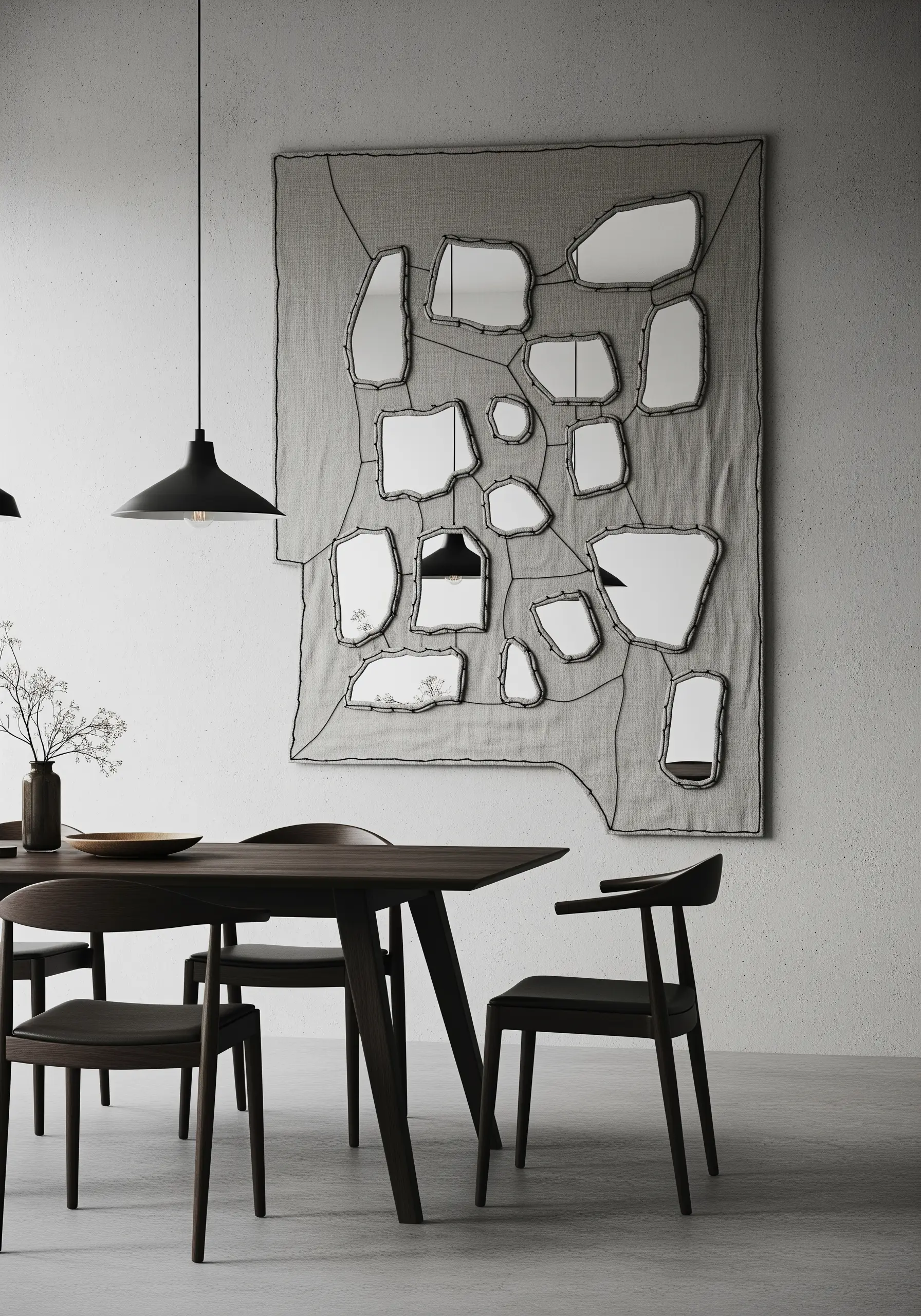A large, abstract wall hanging with irregularly shaped mirrors stitched onto raw linen fabric.