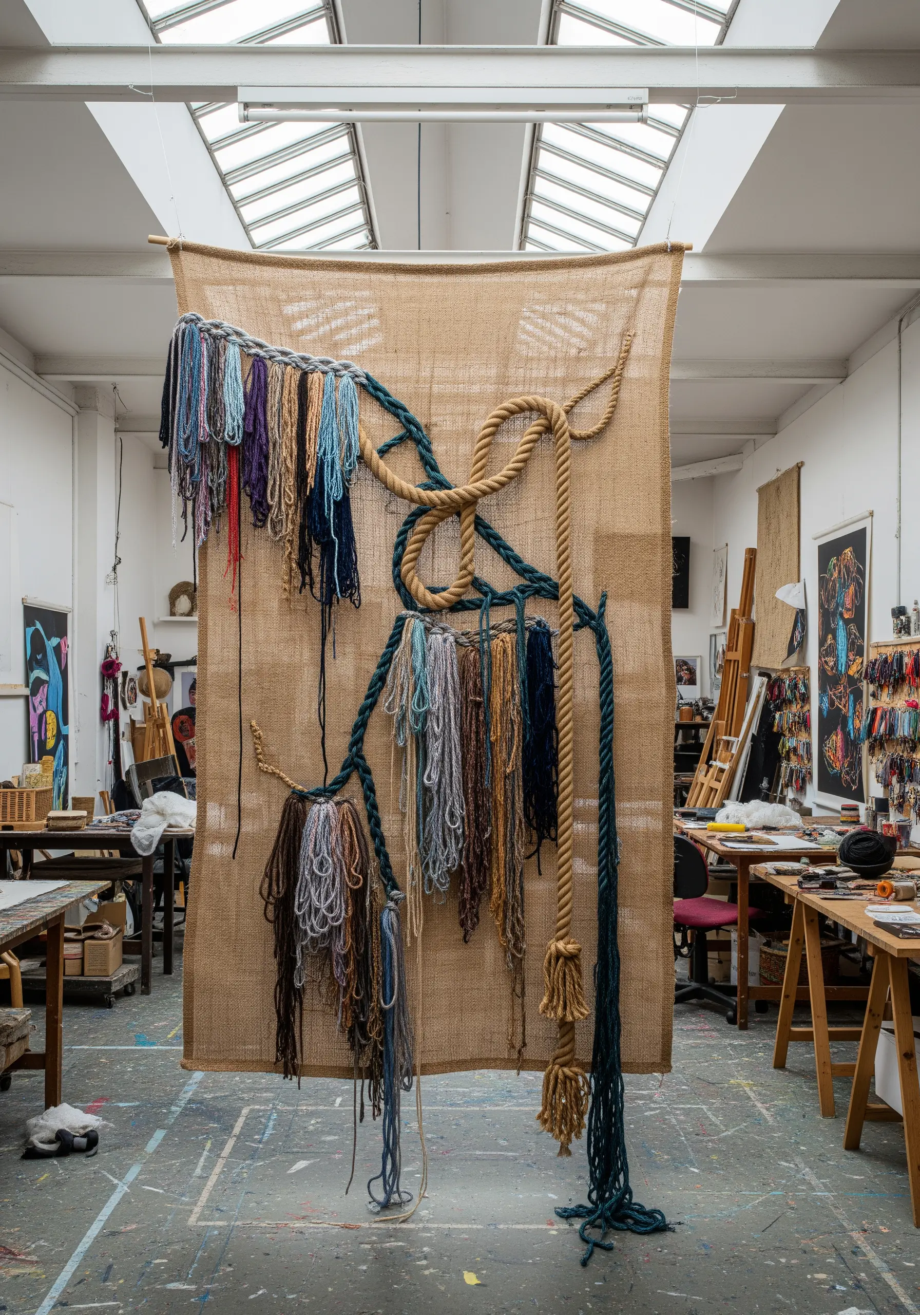 A large burlap tapestry with abstract lines of couched ropes and hanging multicolored yarns.