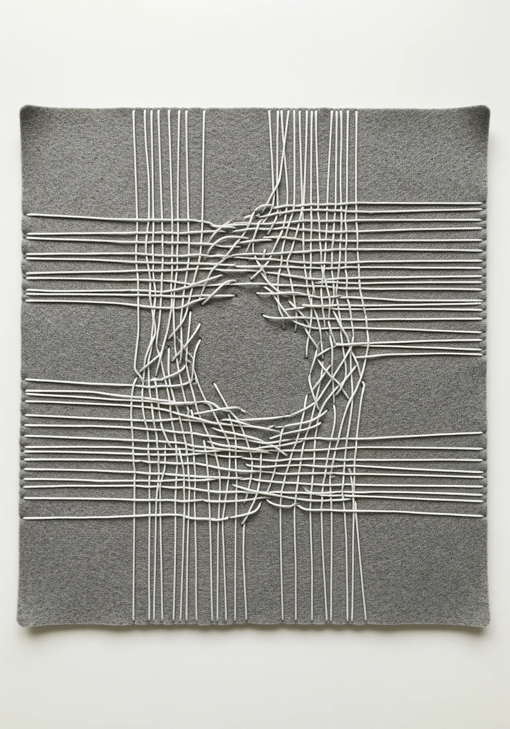 Abstract woven thread art with white lines on grey fabric, deconstructed in the center.