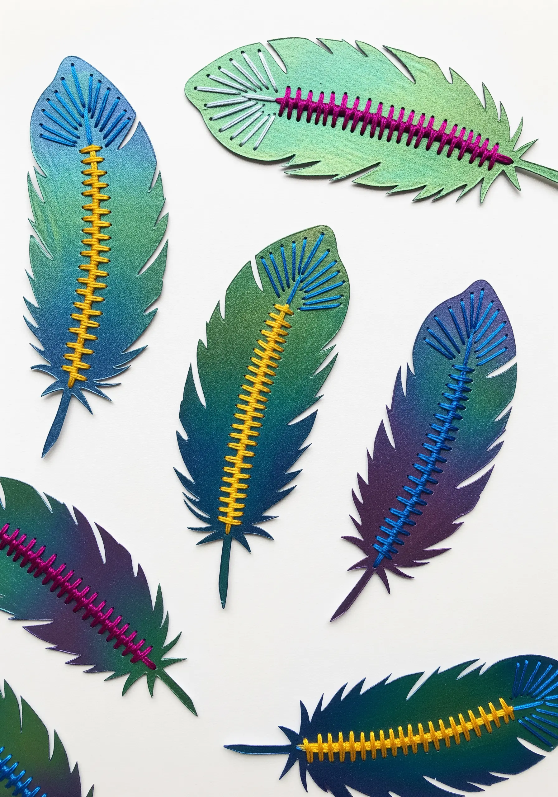Cutout paper feathers decorated with vibrant, contrasting hand stitching.
