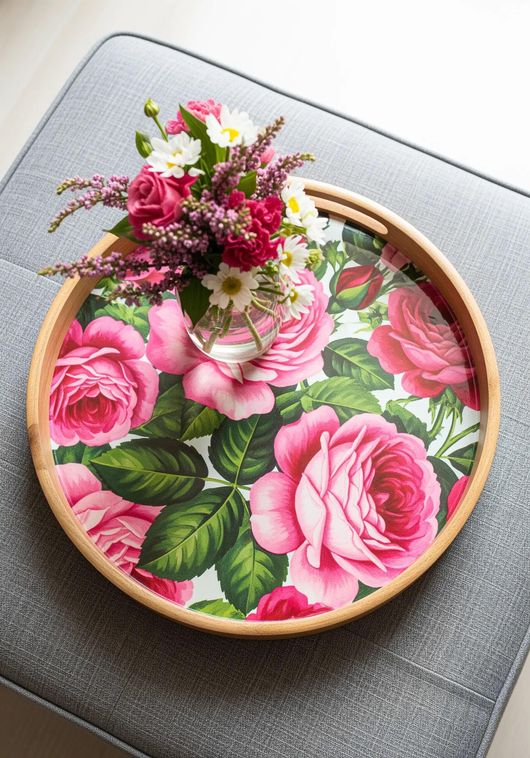 A wooden tray lined with a vibrant pink floral fabric using decoupage.